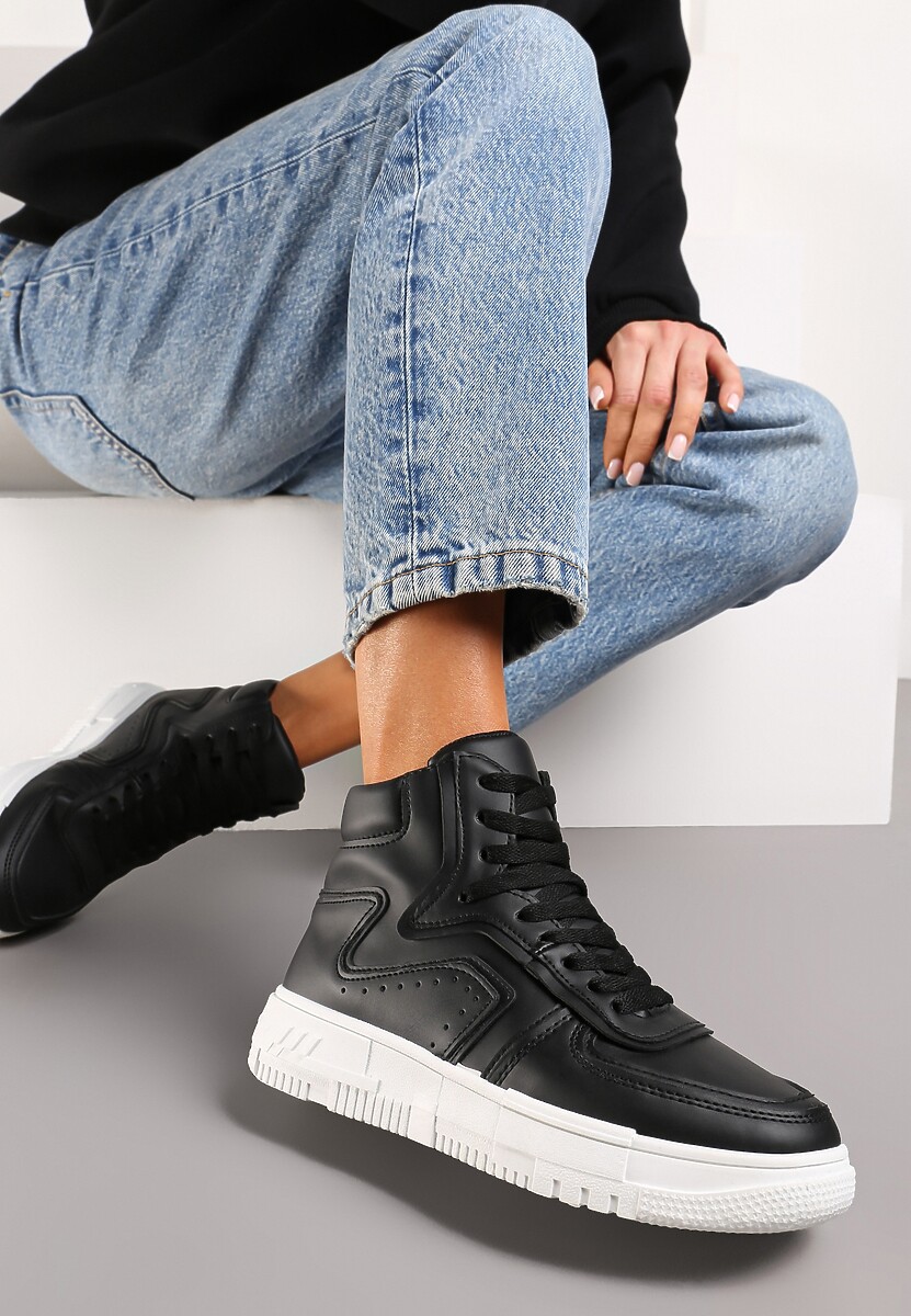 Czarne Sneakersy Sznurowane za Kostkę na Płaskiej Podeszwie Gitaria