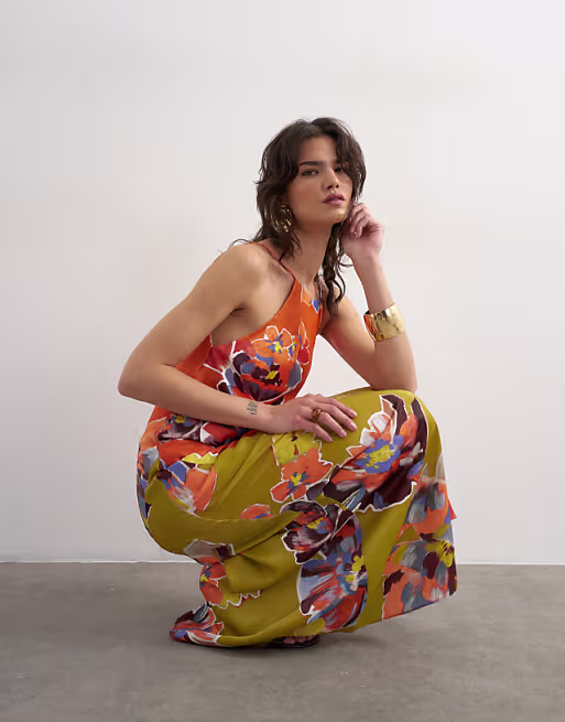Topshop bias cut halter neck open scoop back satin maxi dress in bold contrast floral