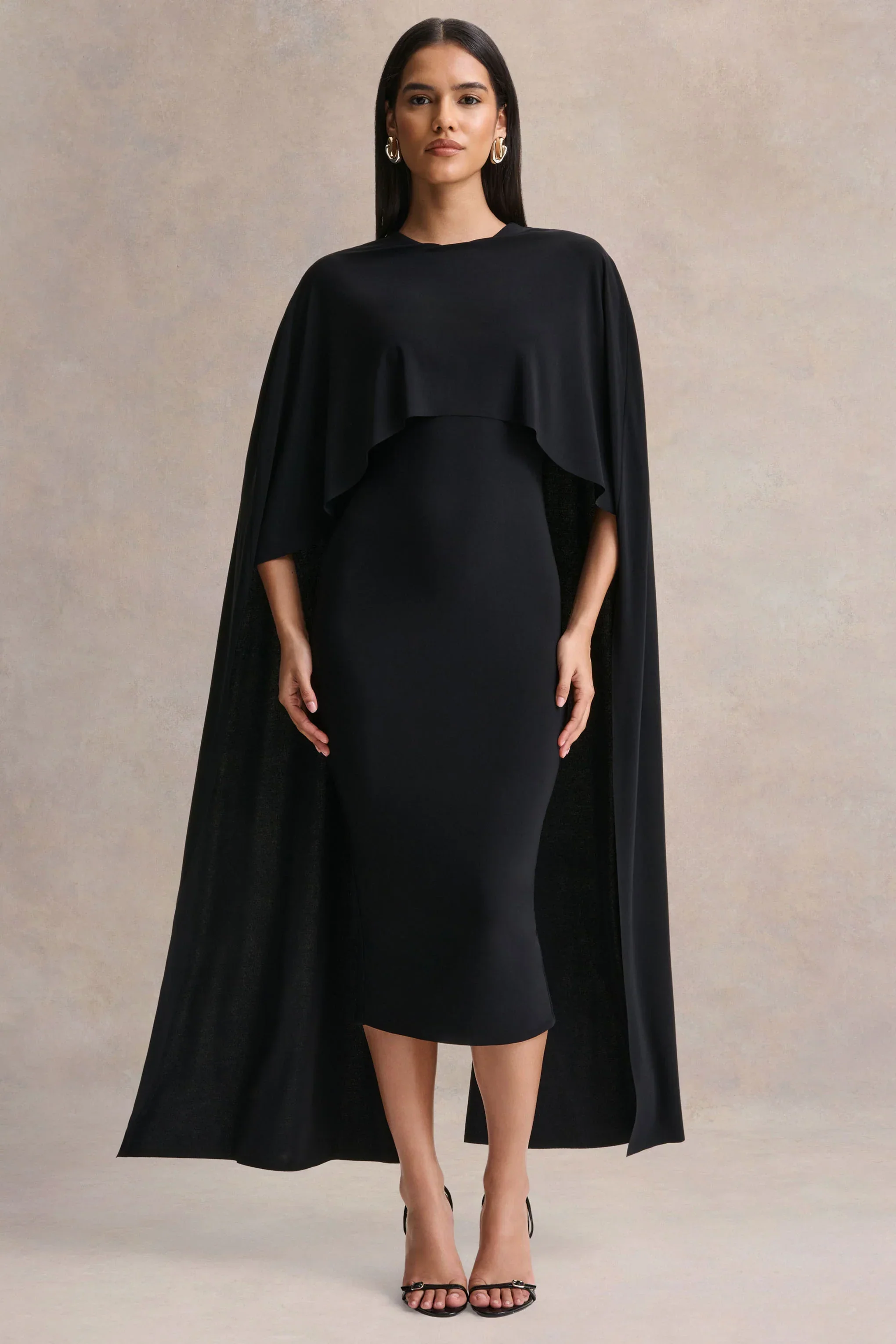 Kalani | Black Crew-Neck Midi Dress With Cape-Sleeves