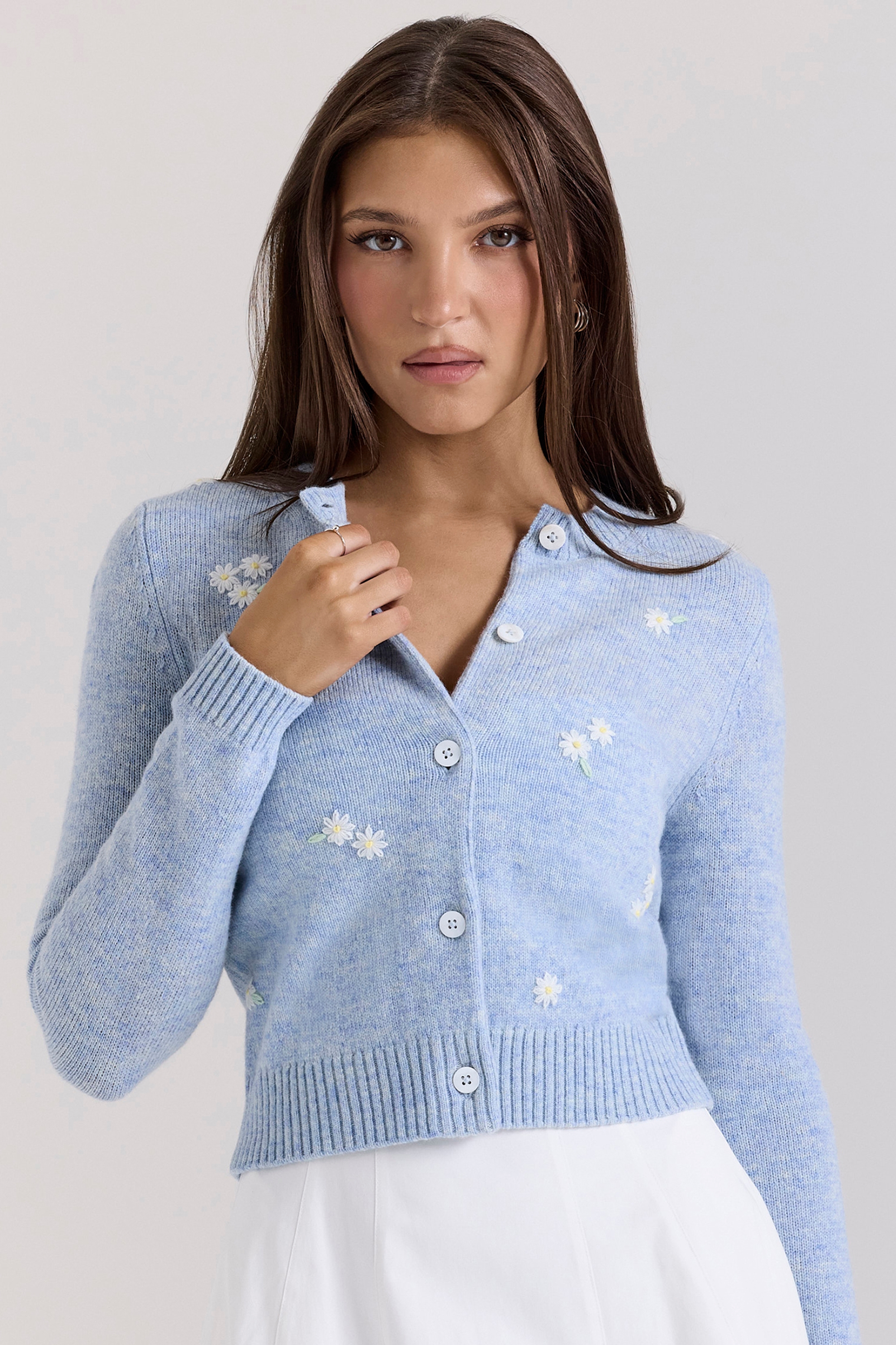 Blue Lambswool Floral Embroidered Cardigan