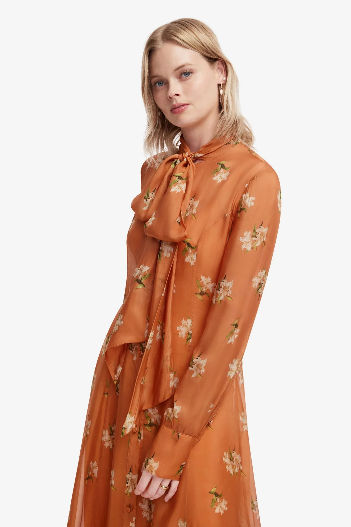 Lilith Tie Neck Maxi Dress - Lily Print in Ochre