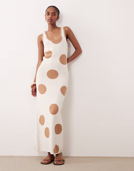 knit maxi dress in ecru polka dot