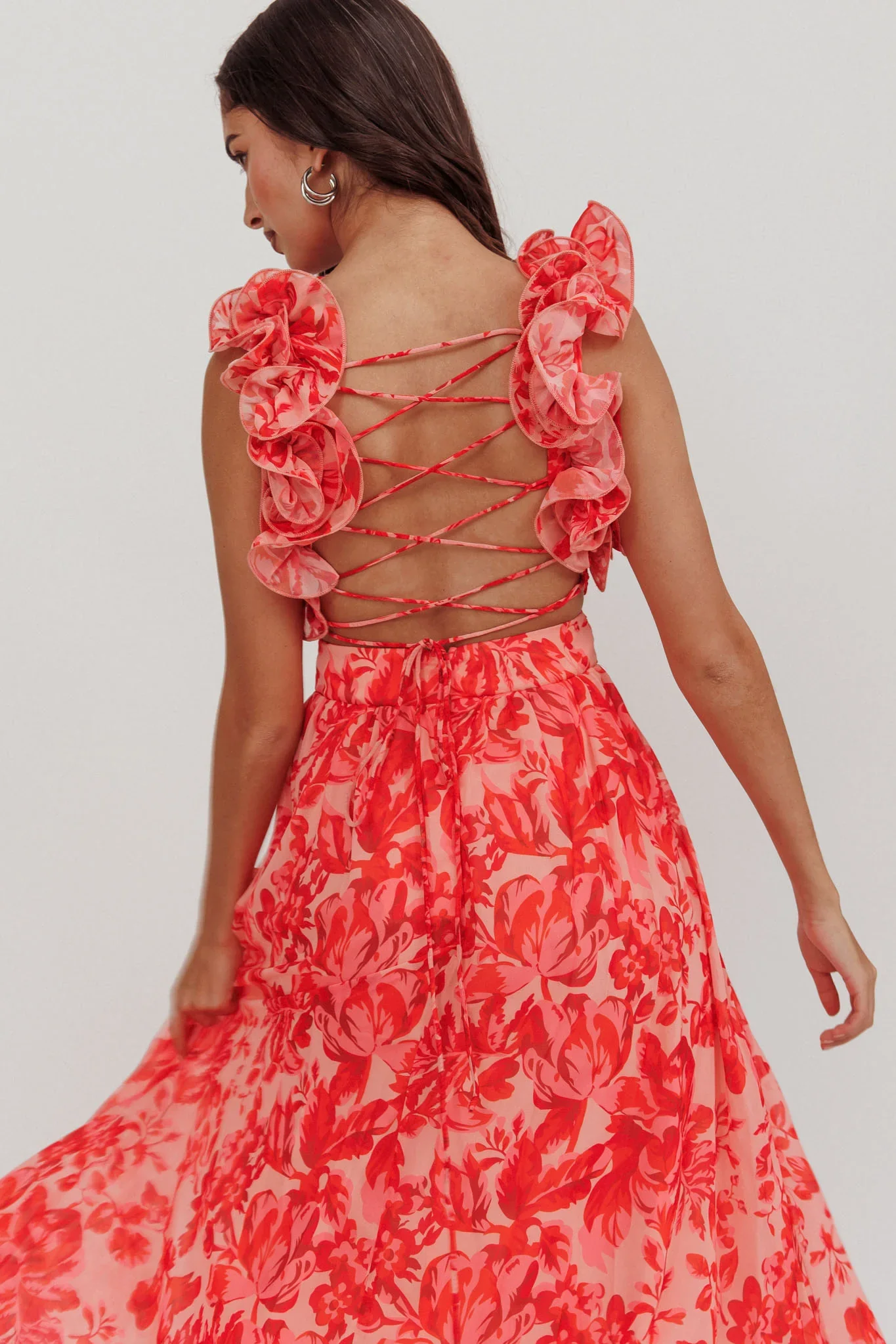 Madara Lace-Up Back Maxi Dress Floral Red