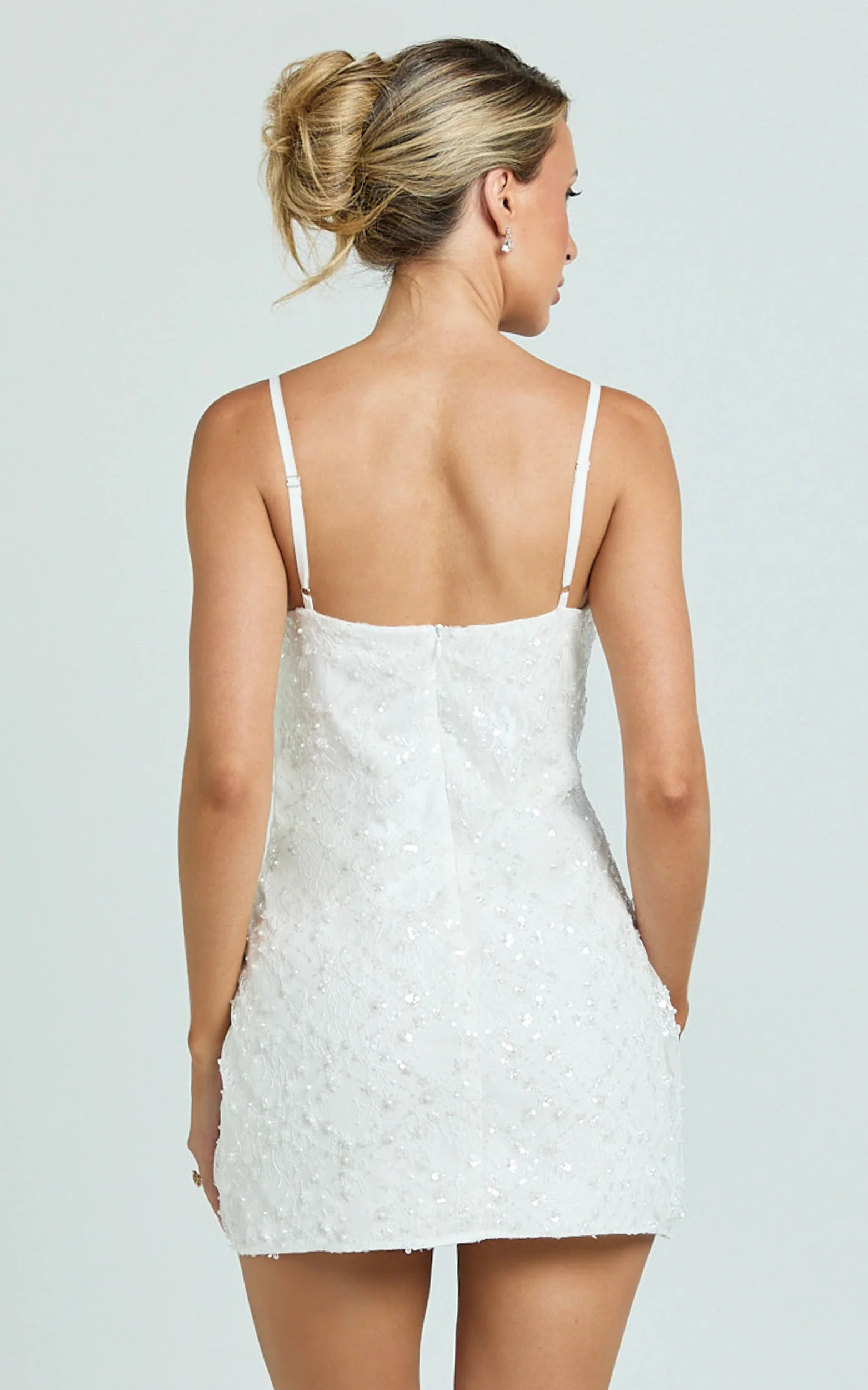 Alana Mini Dress - Sequin Lace Cowl Neck Dress in White