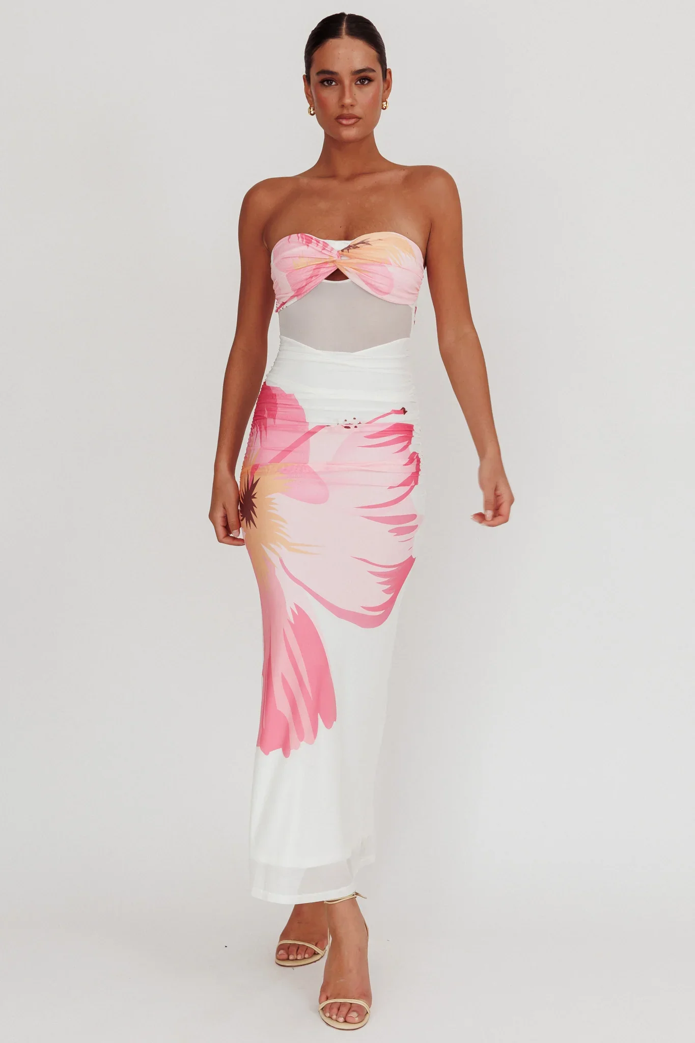 Oliana Sheer Waist Floral Maxi Dress White