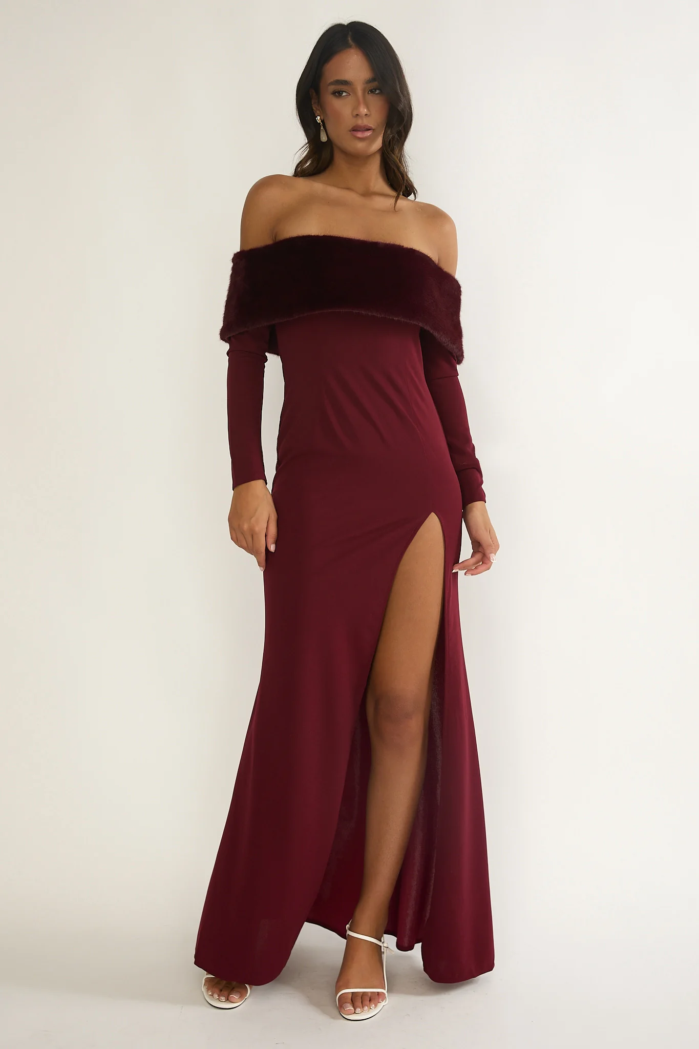 Noella Off-Shoulder Fur Trim Maxi Dress Wine