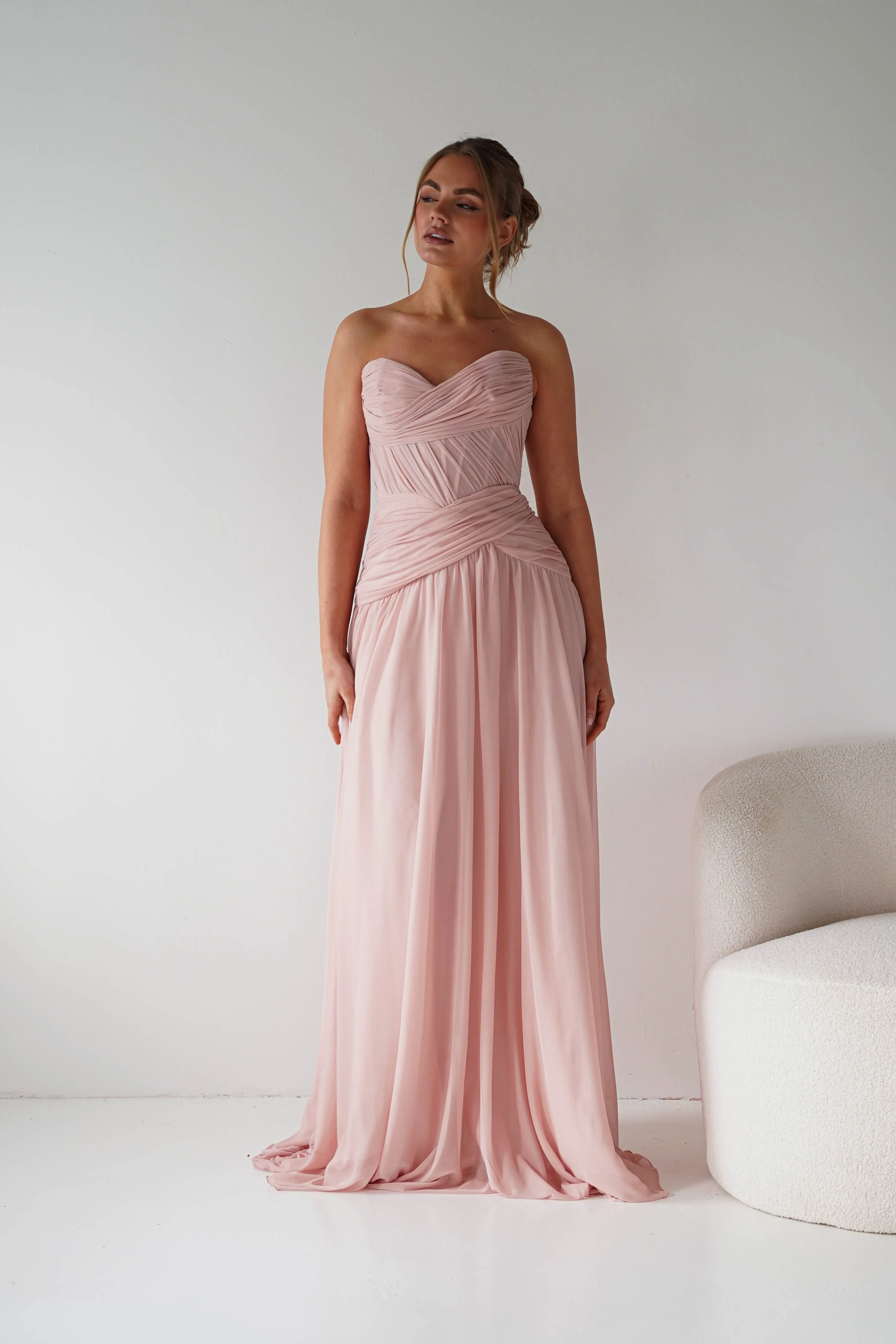 Nicolette Strapless Chiffon Maxi Gown | Blush