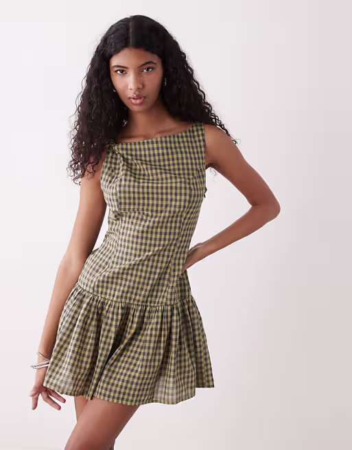COLLUSION high neck smock mini dress in green check