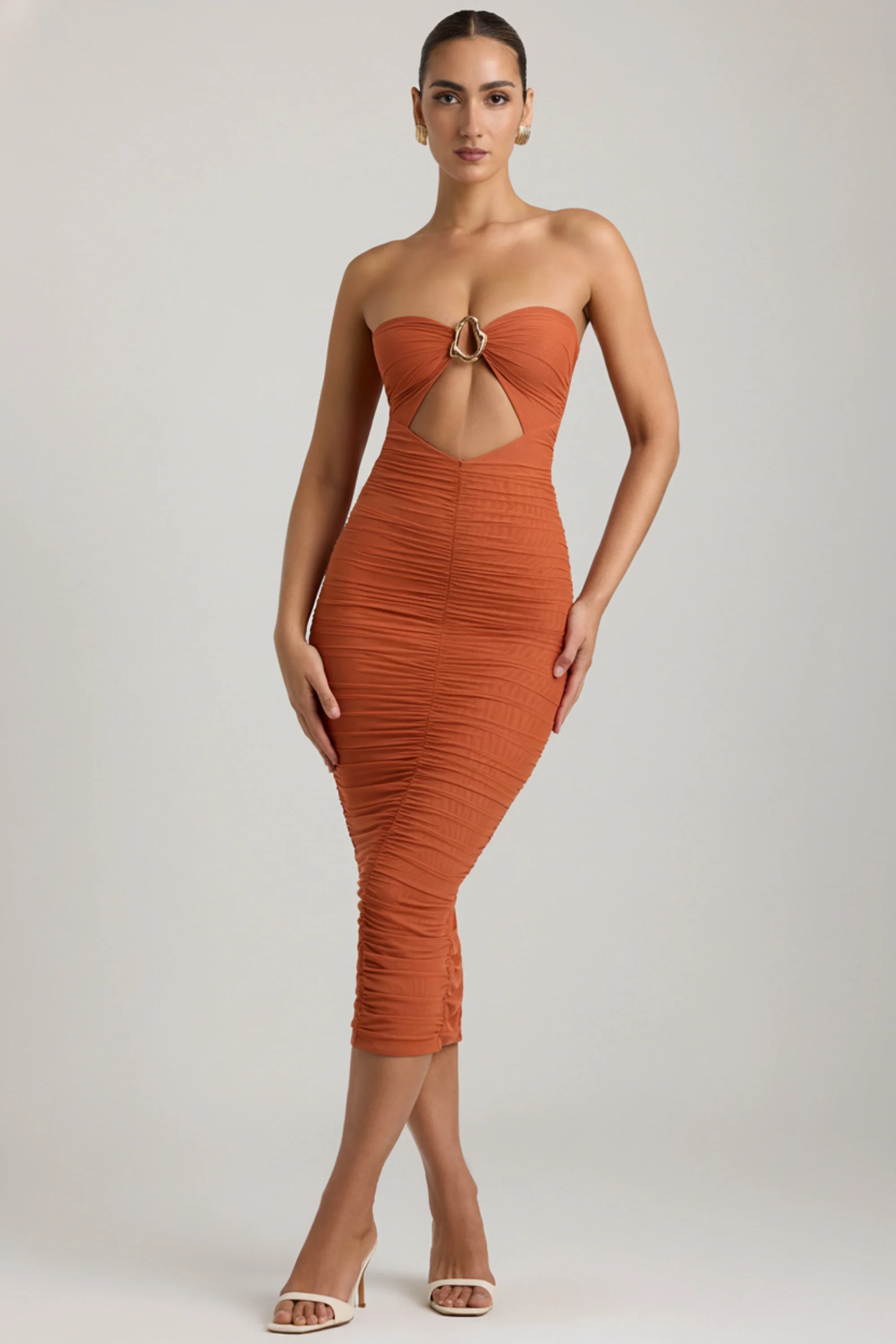 Ruched Hardware Detail Strapless Midaxi Dress in Burnt Orange