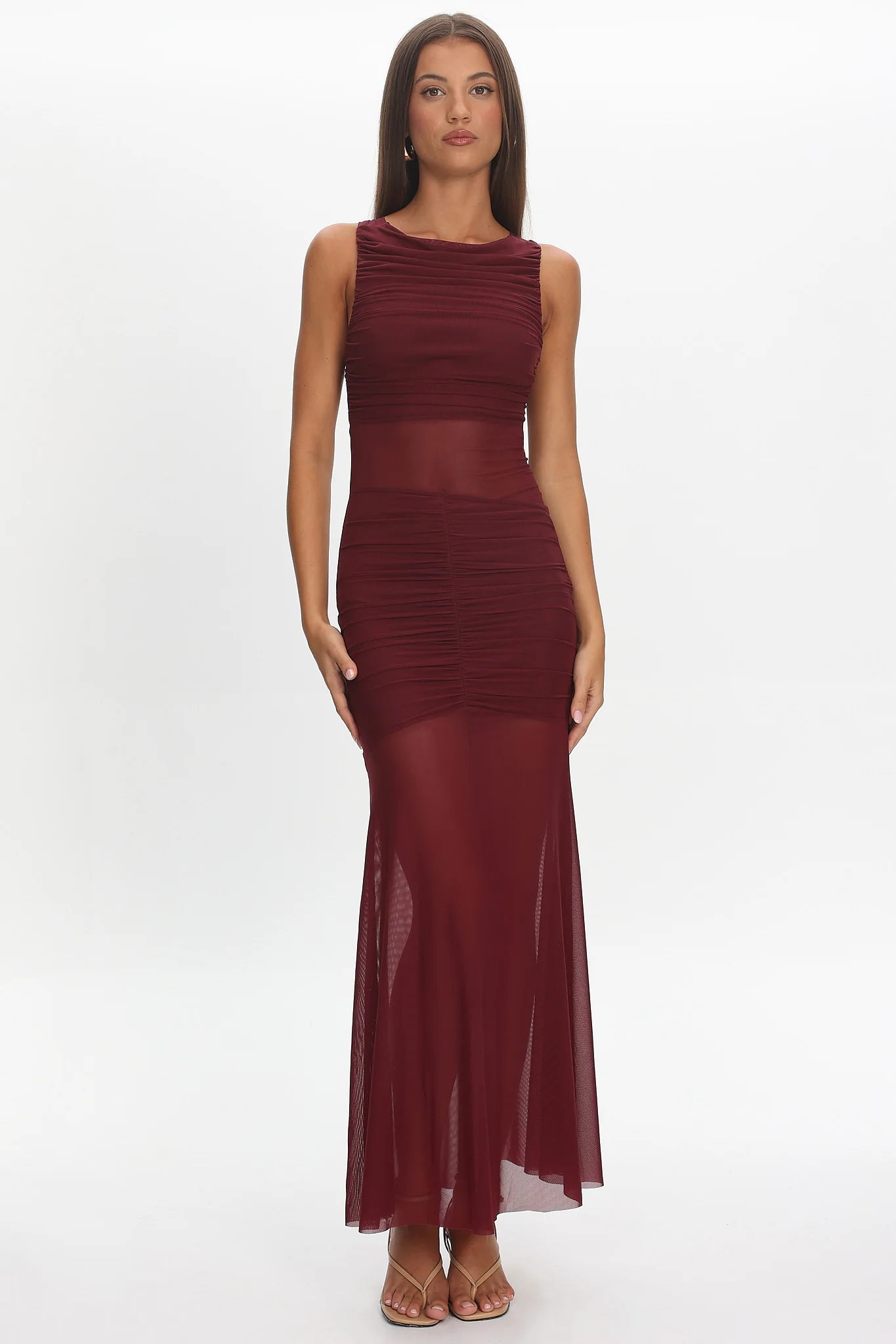 Sade Sheer Panel Ruched Maxi Dress Wine - luluinthesky