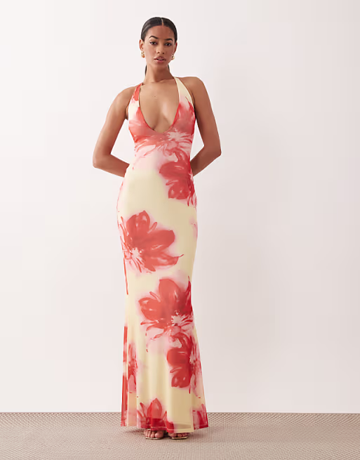deep V plunge mesh maxi dress in pink floral