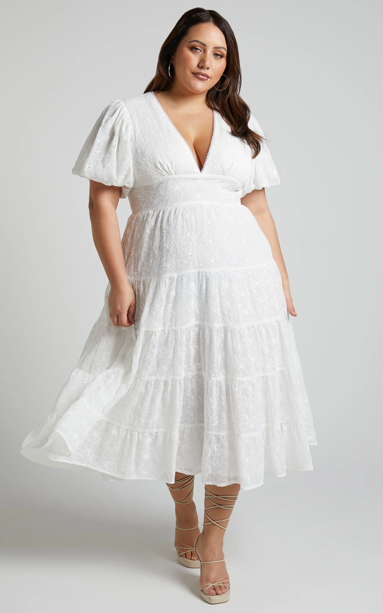 Divora Midi Dress - Plunge Balloon Sleeve Tiered Dress in Ivory