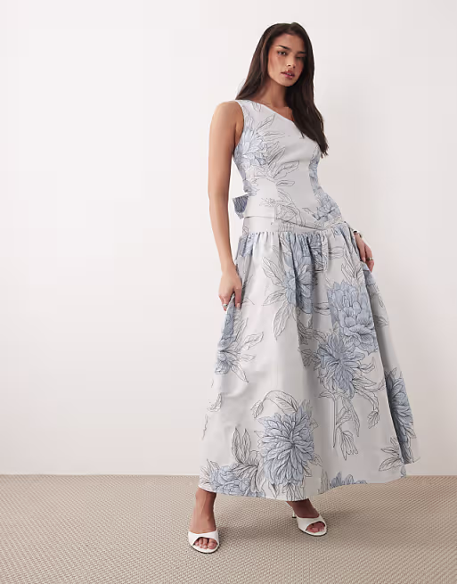 ASOS LUXE one shoulder jacquard maxi dress in blue floral