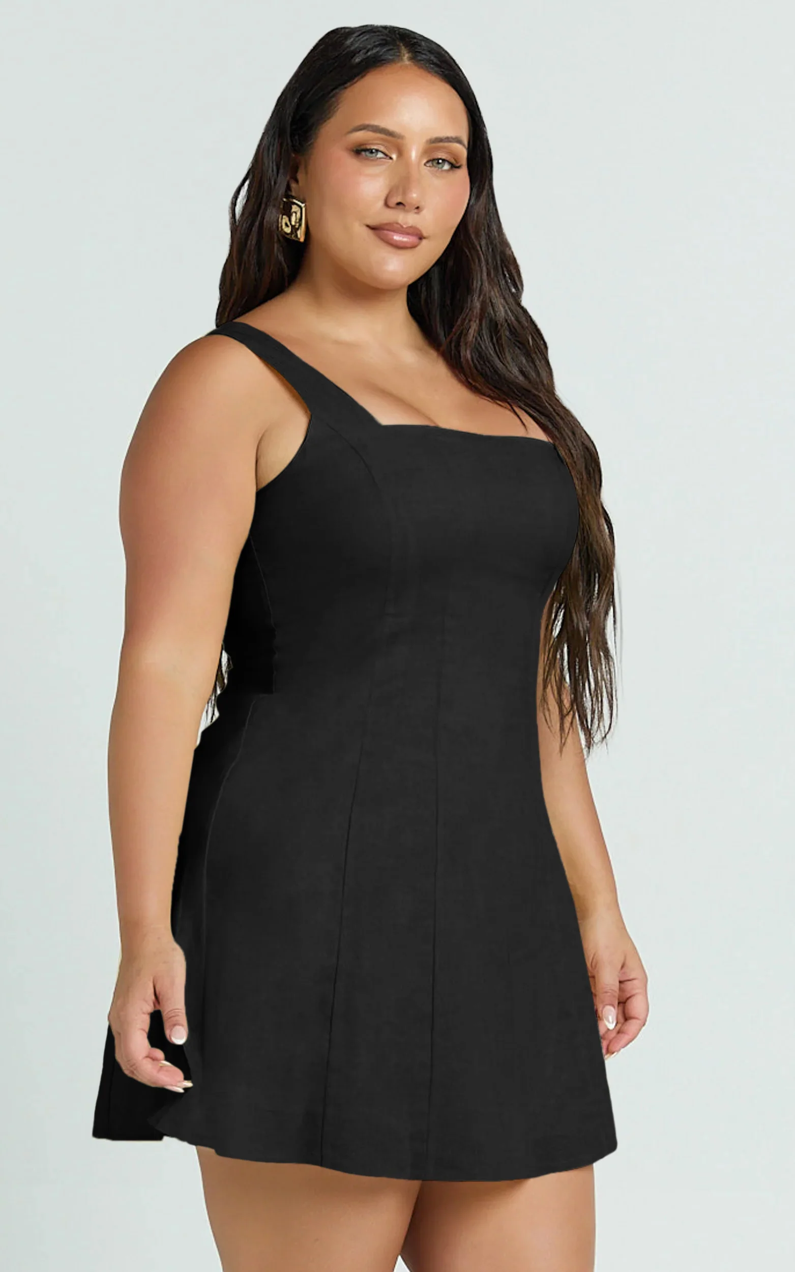 Adiana Mini Dress - Linen Square Neck Shirred Back A Line Dress in Black