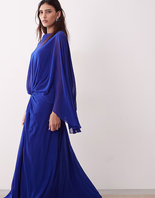 ARRANGE drop waist grecian draped cape sleeve maxi dress in cobalt blue