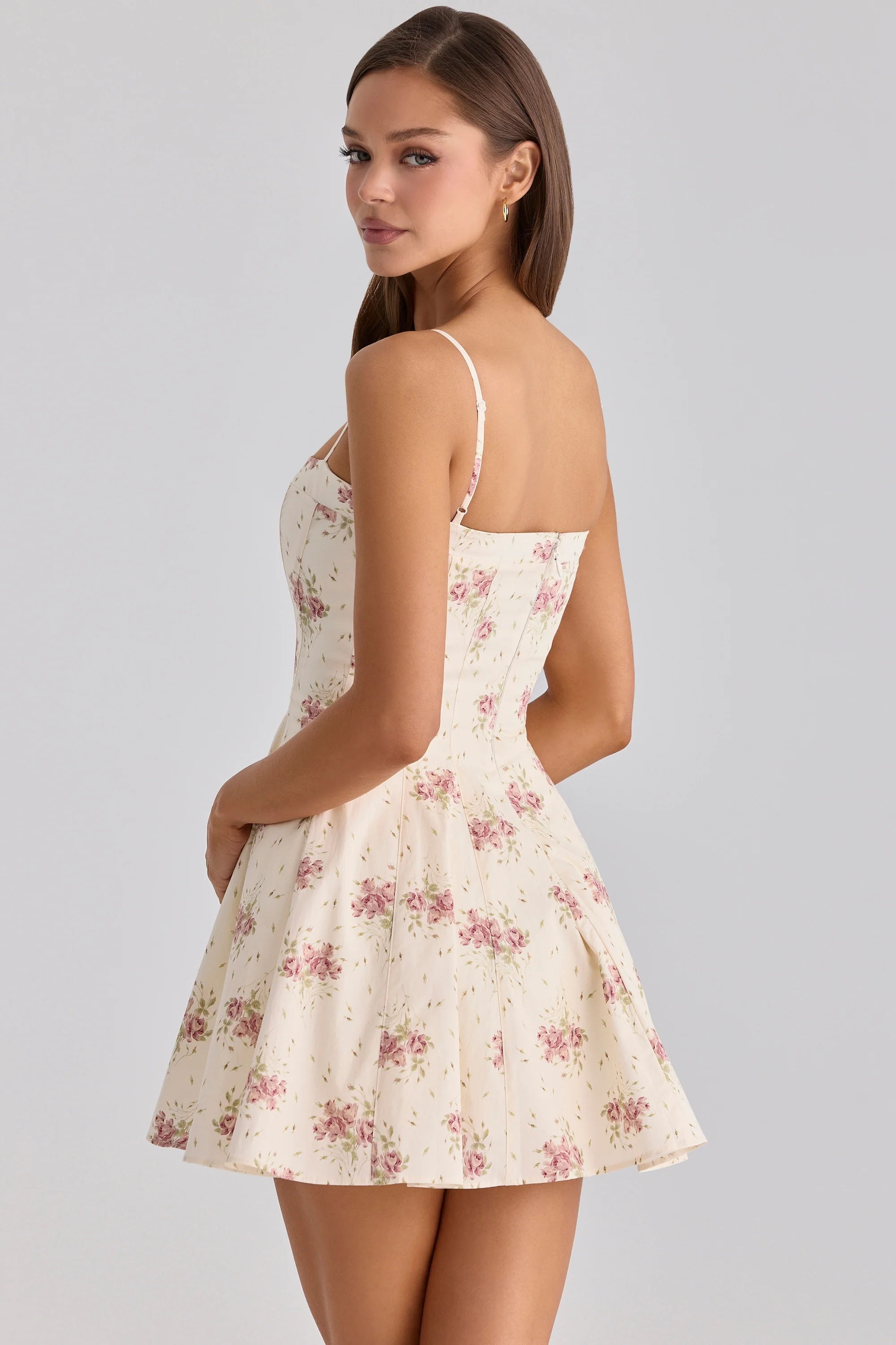 Ivory Vintage Rose Print Cotton Flared Mini Sundress