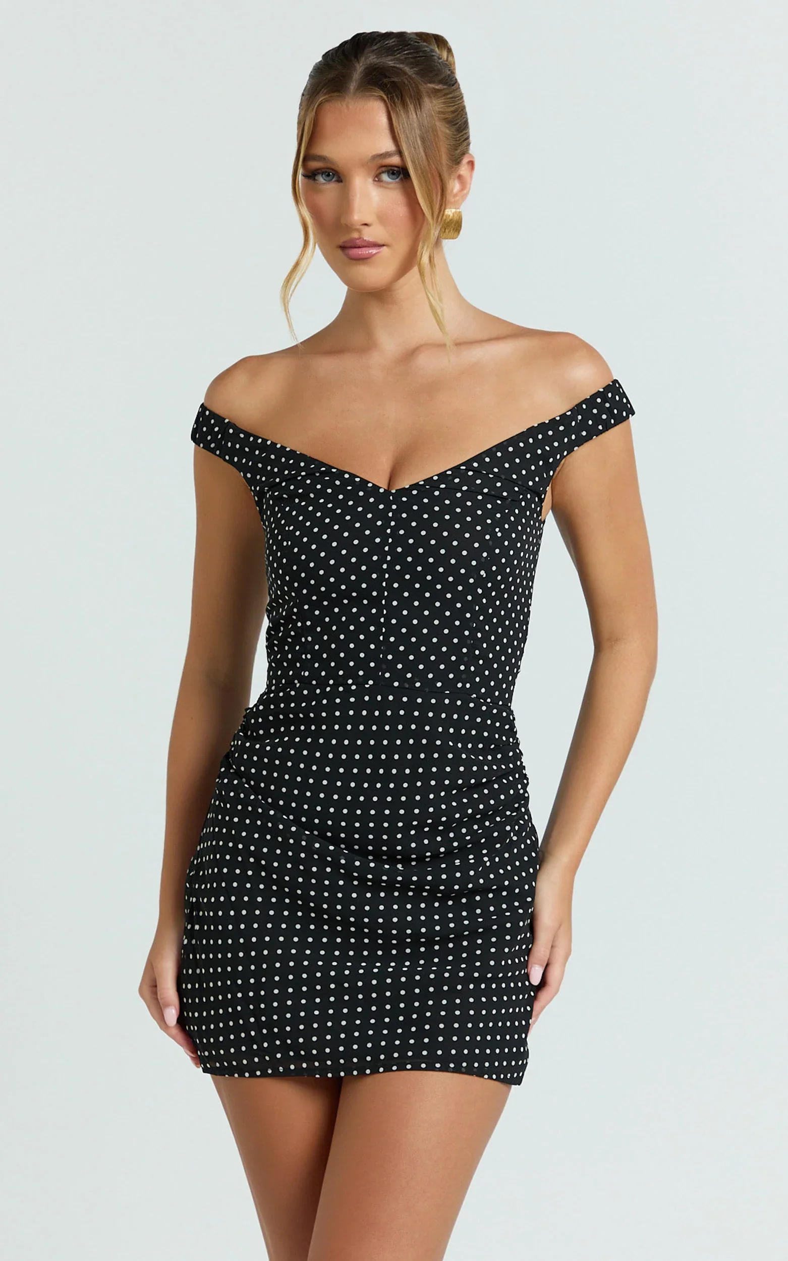 Charlie Mini Dress - Polka Dot Off Shoulder Gathered Dress in polkadot