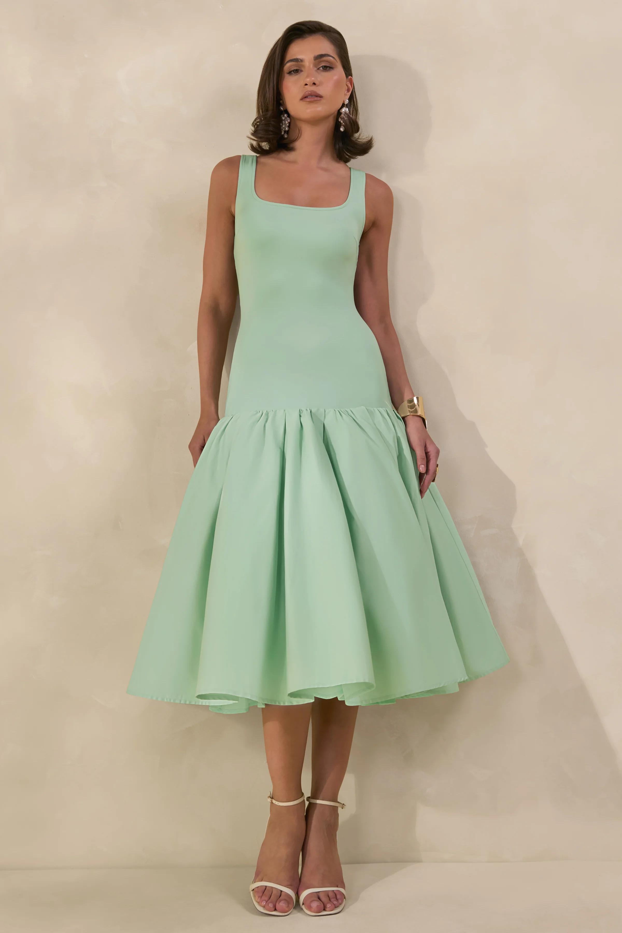 Nanette | Mint Square-Neck Midi Dress With Voluminous Skirt