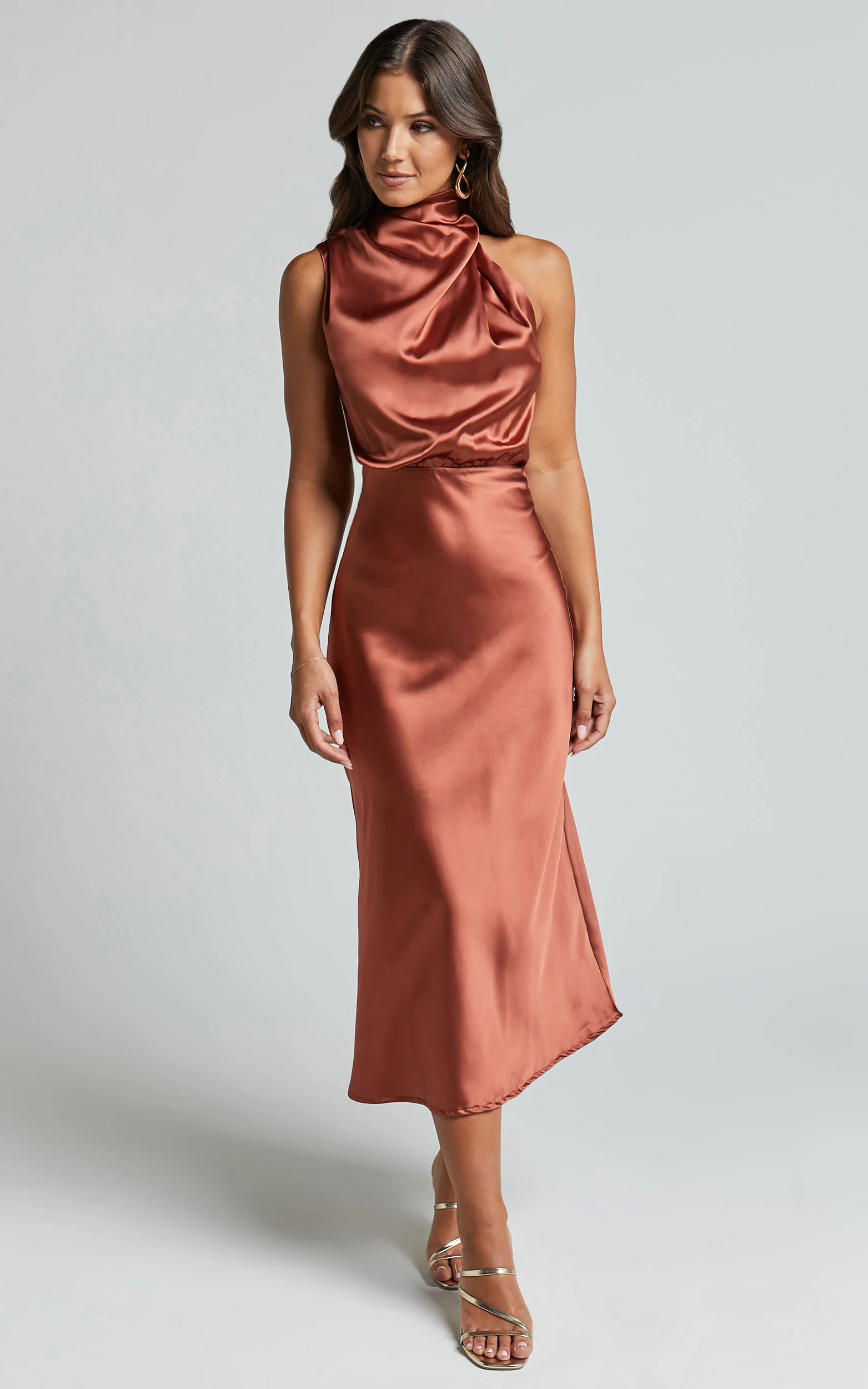 Minnie Midi Dress - Drape Neck Satin Slip Dress in Copper