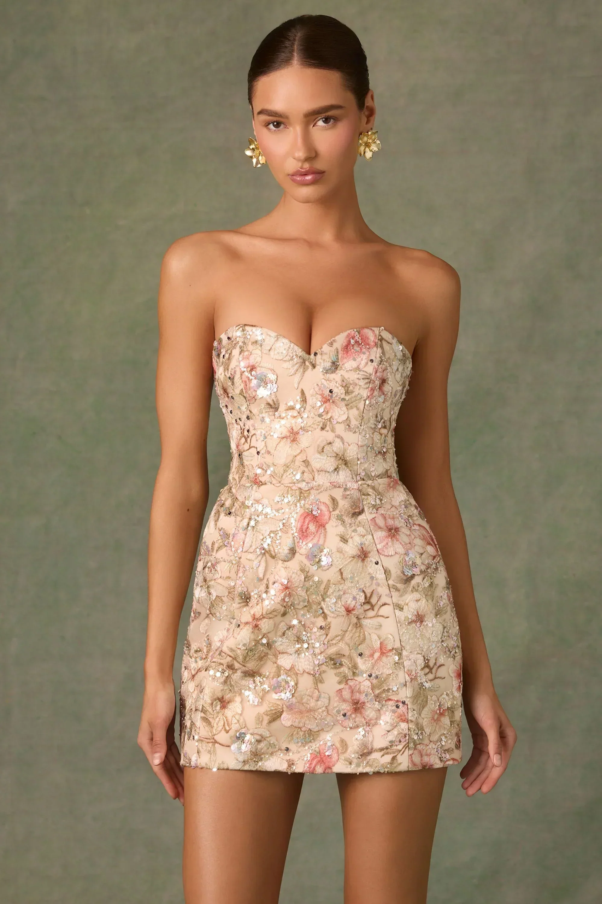 Embellished Strapless A-Line Mini Dress In Floral Beige
