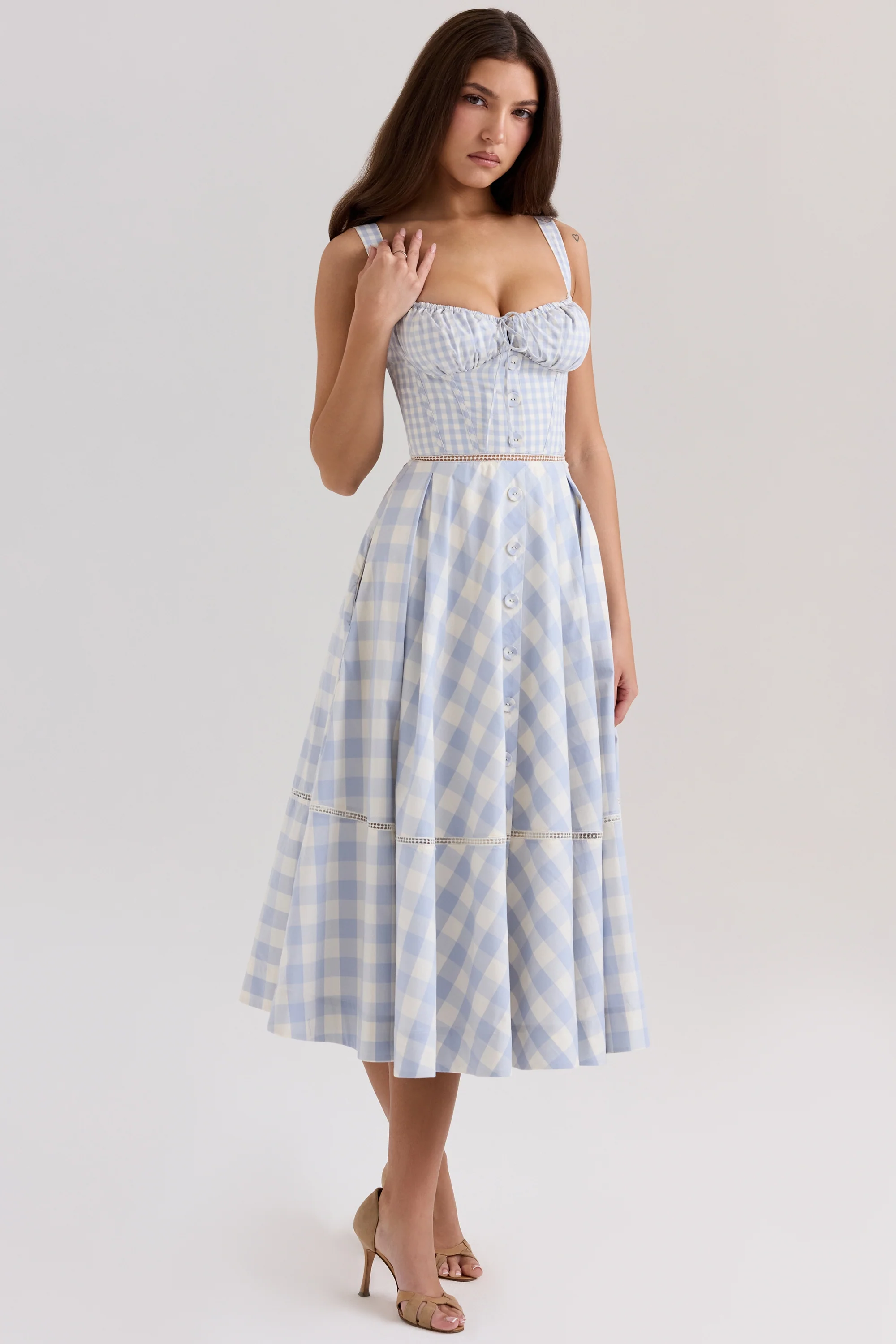light blue gingham stretch cotton midi dress