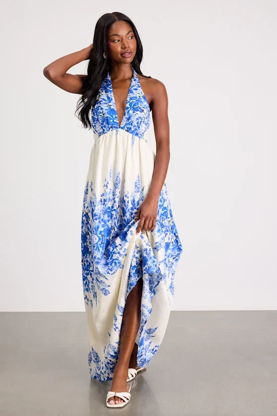 Leona Ivory and Blue Floral Halter Maxi Dress