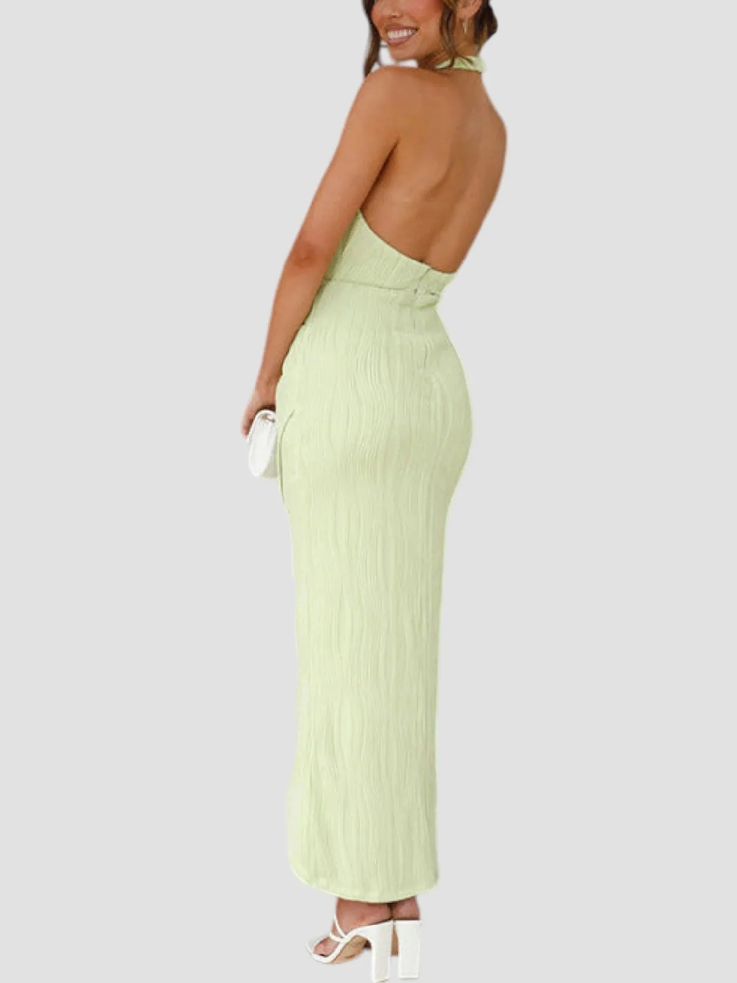 Pistachio Green Halter Pleated Midi Dress