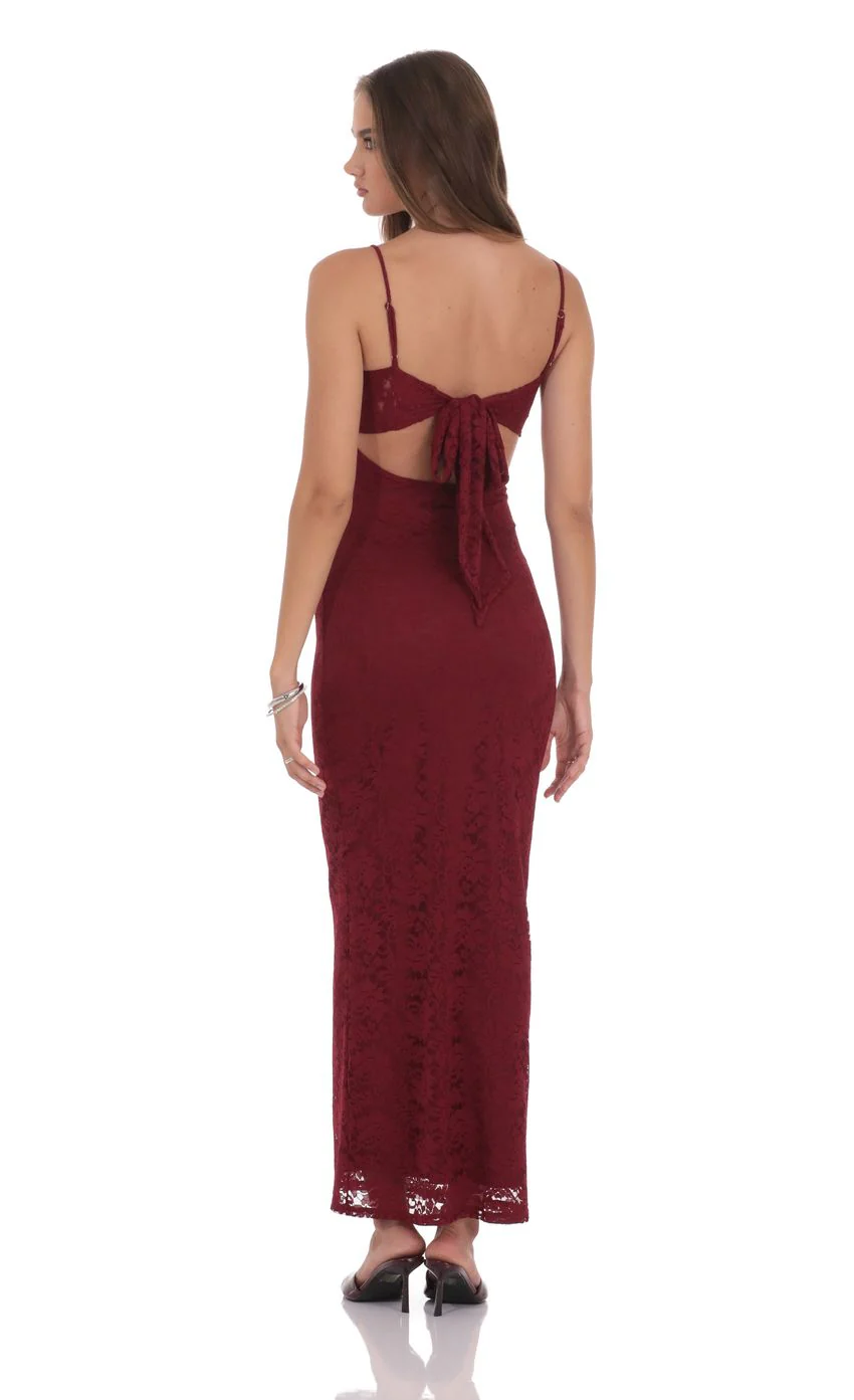 Lace Back Bow Maxi Dress in Burgundy - luluinthesky