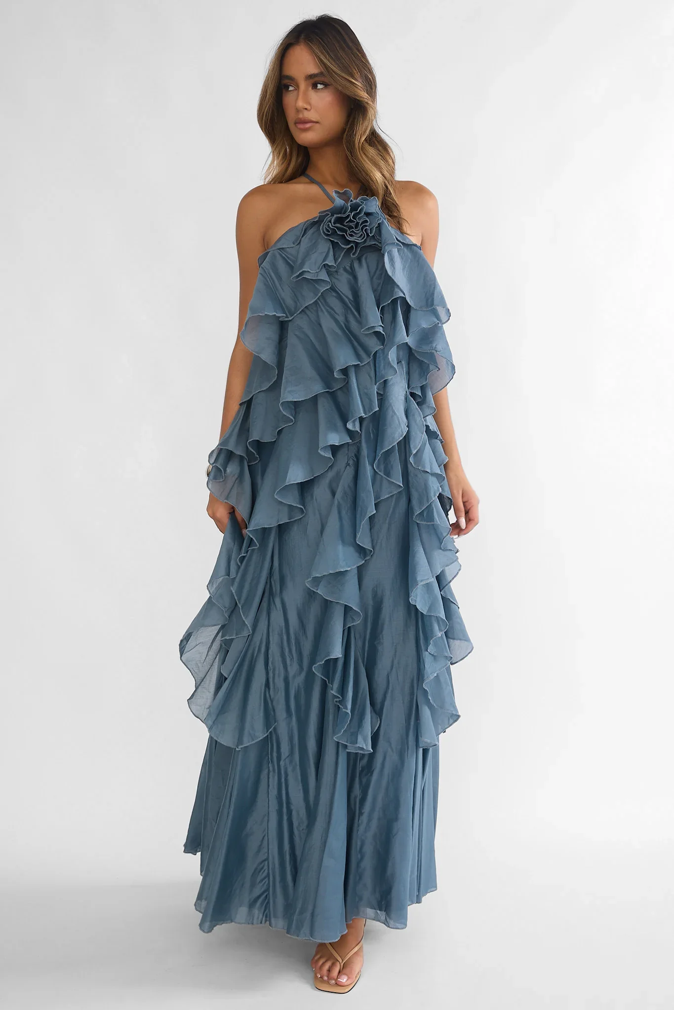 Oceara Ruffle Trim Spaghetti Strap Maxi Dress Slate Blue