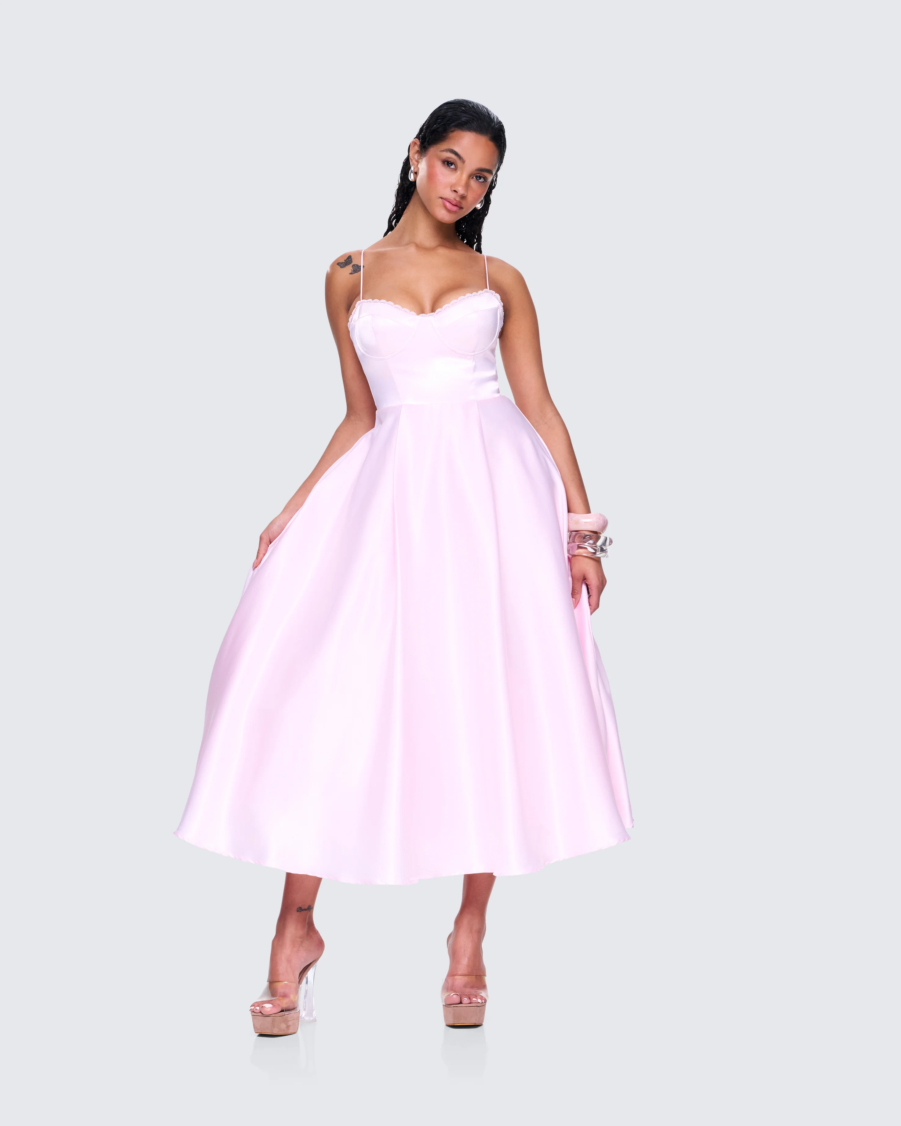 Eulla Pink Satin Midi Dress