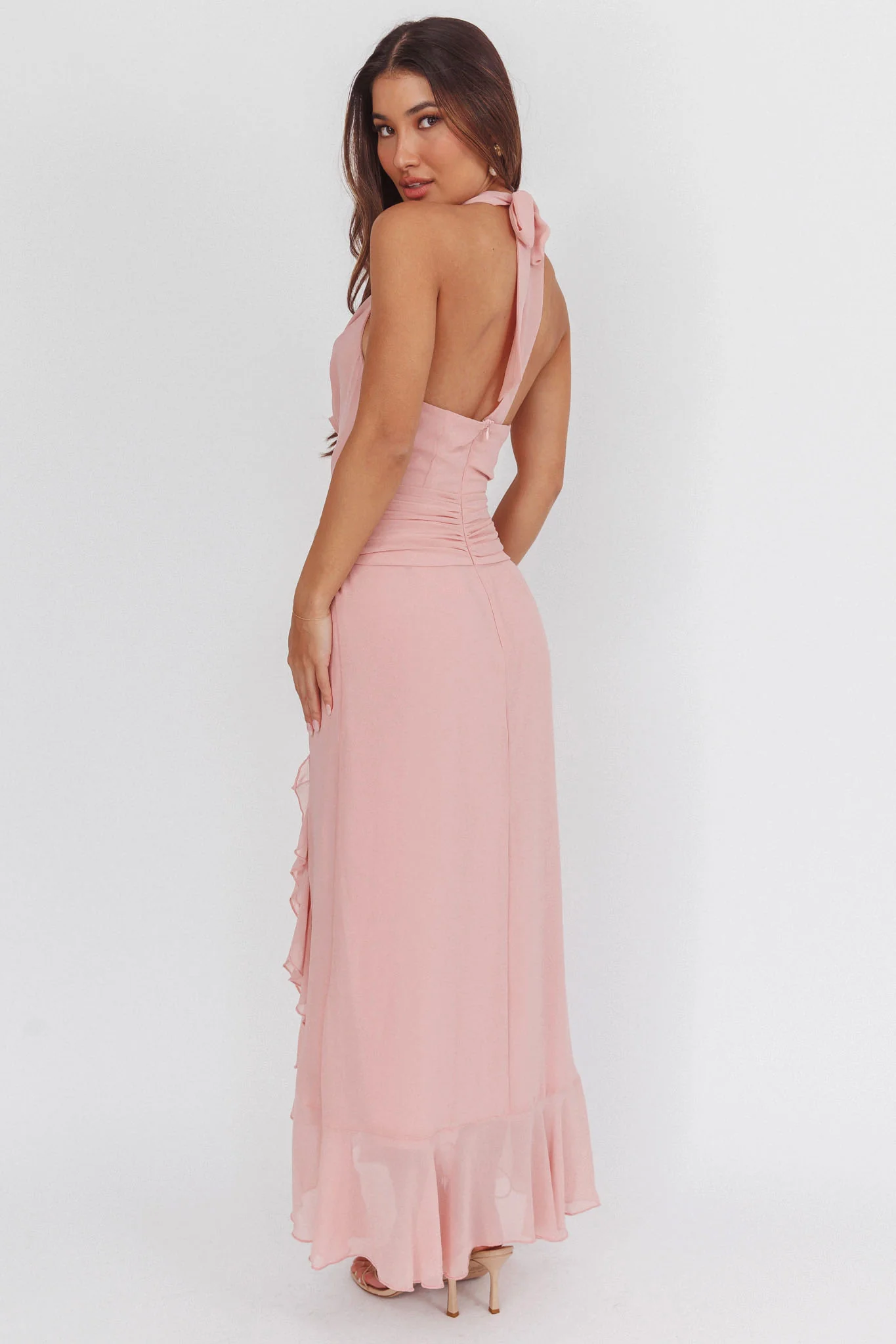 Logen Cowl Halterneck Maxi Dress Blush - luluinthesky