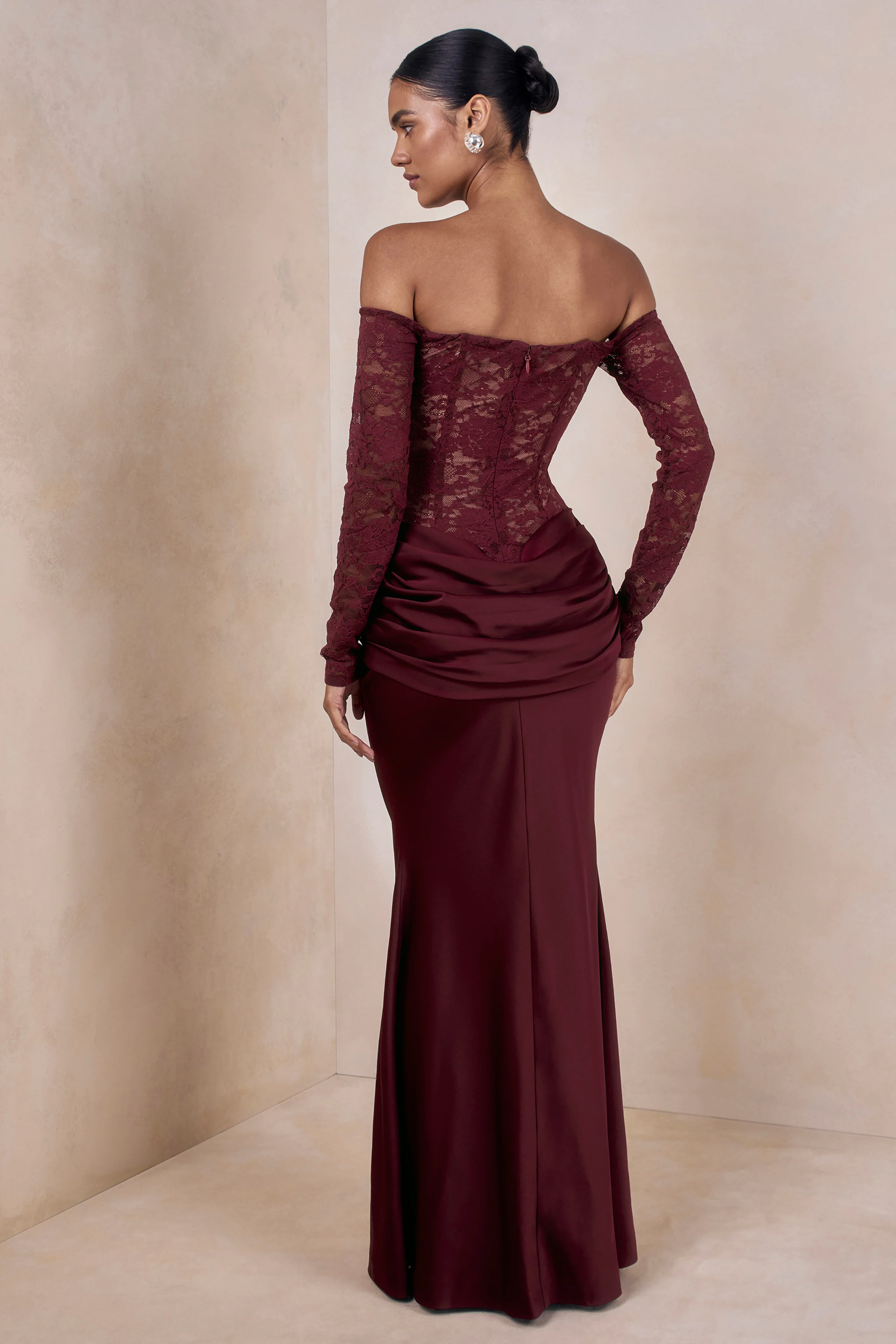 Rinna | Burgundy Lace Bardot-Neck Maxi Dress