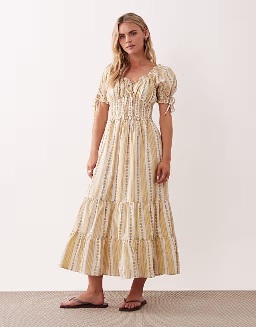 Miss Selfridge Petite milkmaid corset detail maxi dress in vintage wallpaper