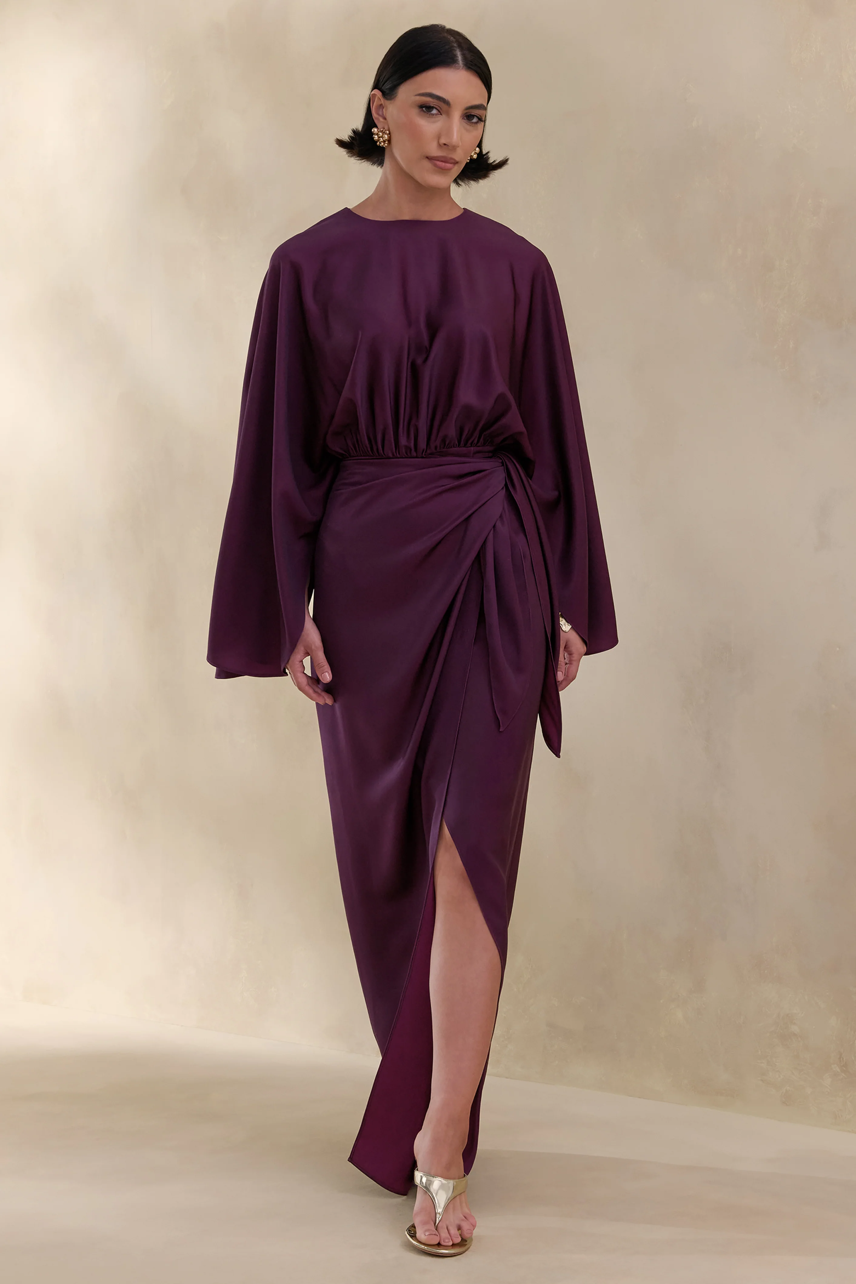 Delphina | Plum Satin Maxi Dress With Gathered And Knot-Detail