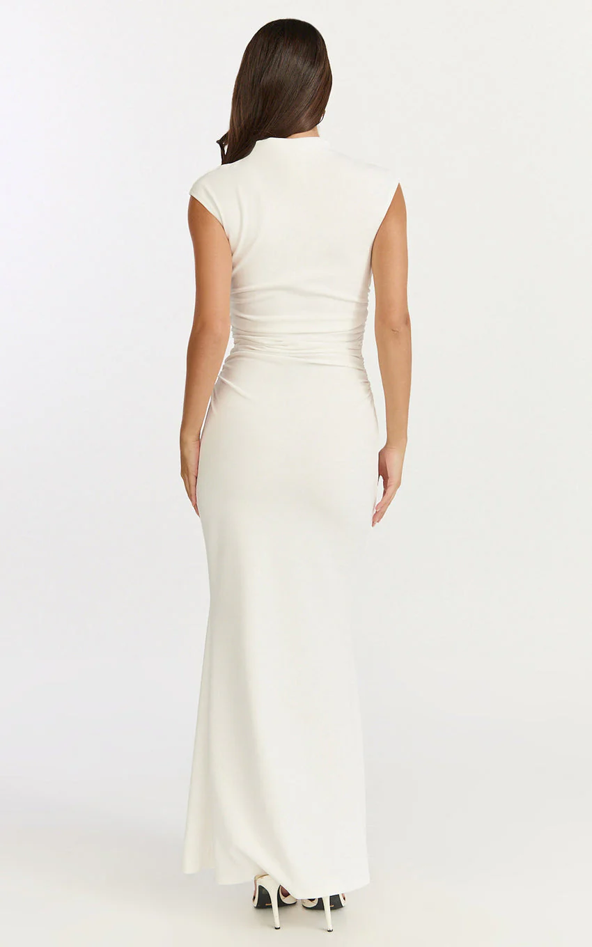 Eira Maxi Dress - High Neck Cap Sleeve Maxi Dress in White - luluinthesky