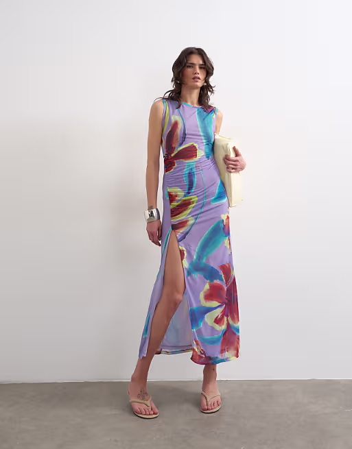 Topshop mesh floral print ruched midaxi dress in purple