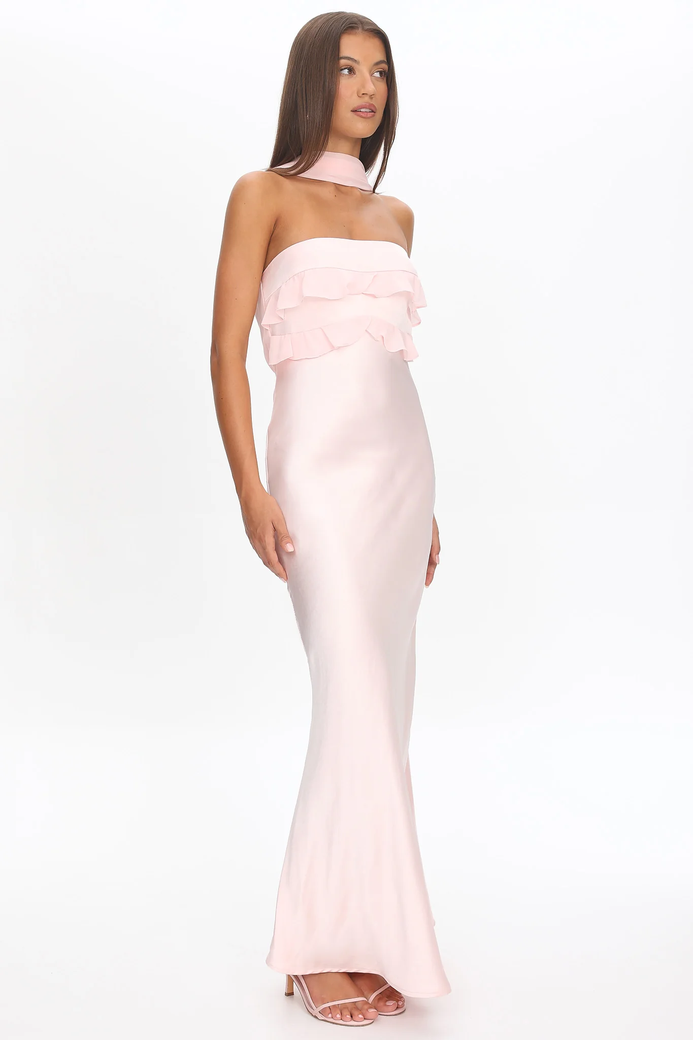 Damsel Reverse Halter Frill Trim Maxi Dress Blush - luluinthesky
