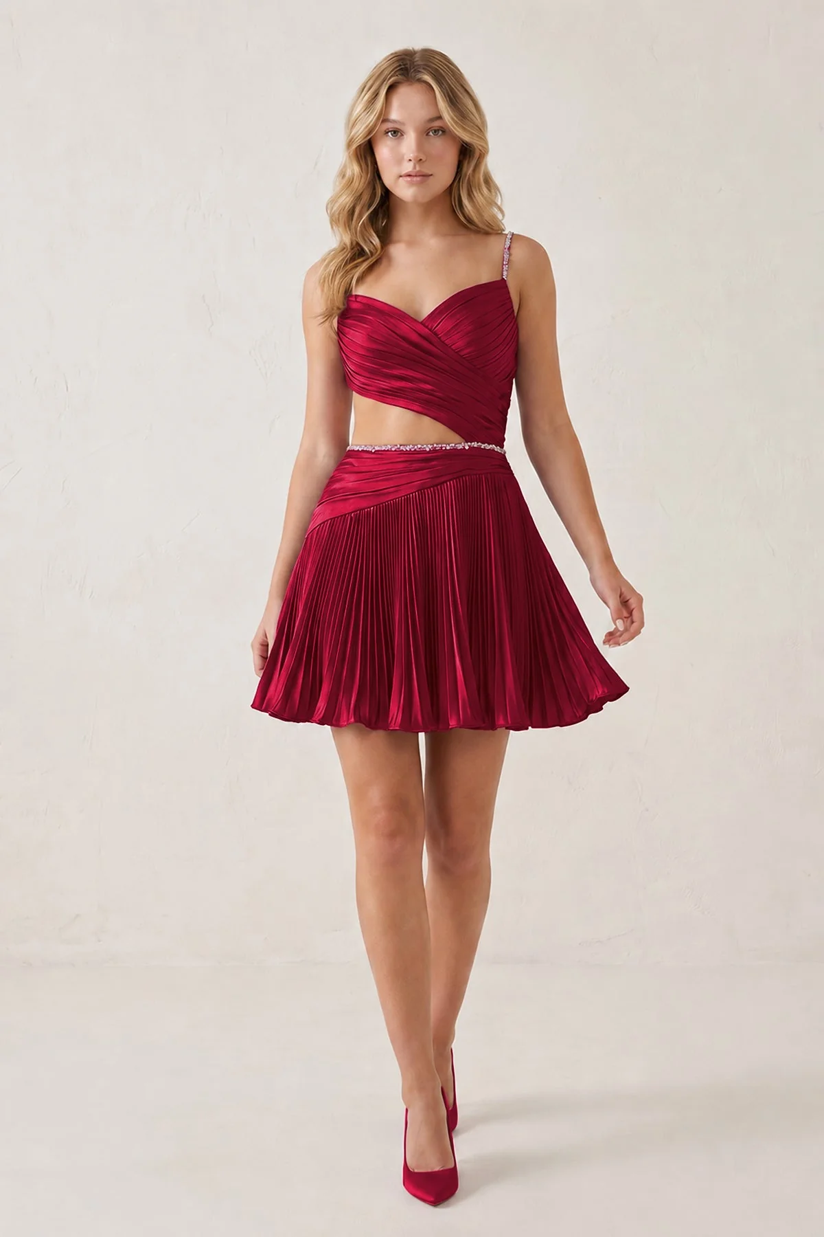 Royal Blue Spaghetti Straps Cut-Out Pleated A-Line Satin Homecoming Dress with Beading