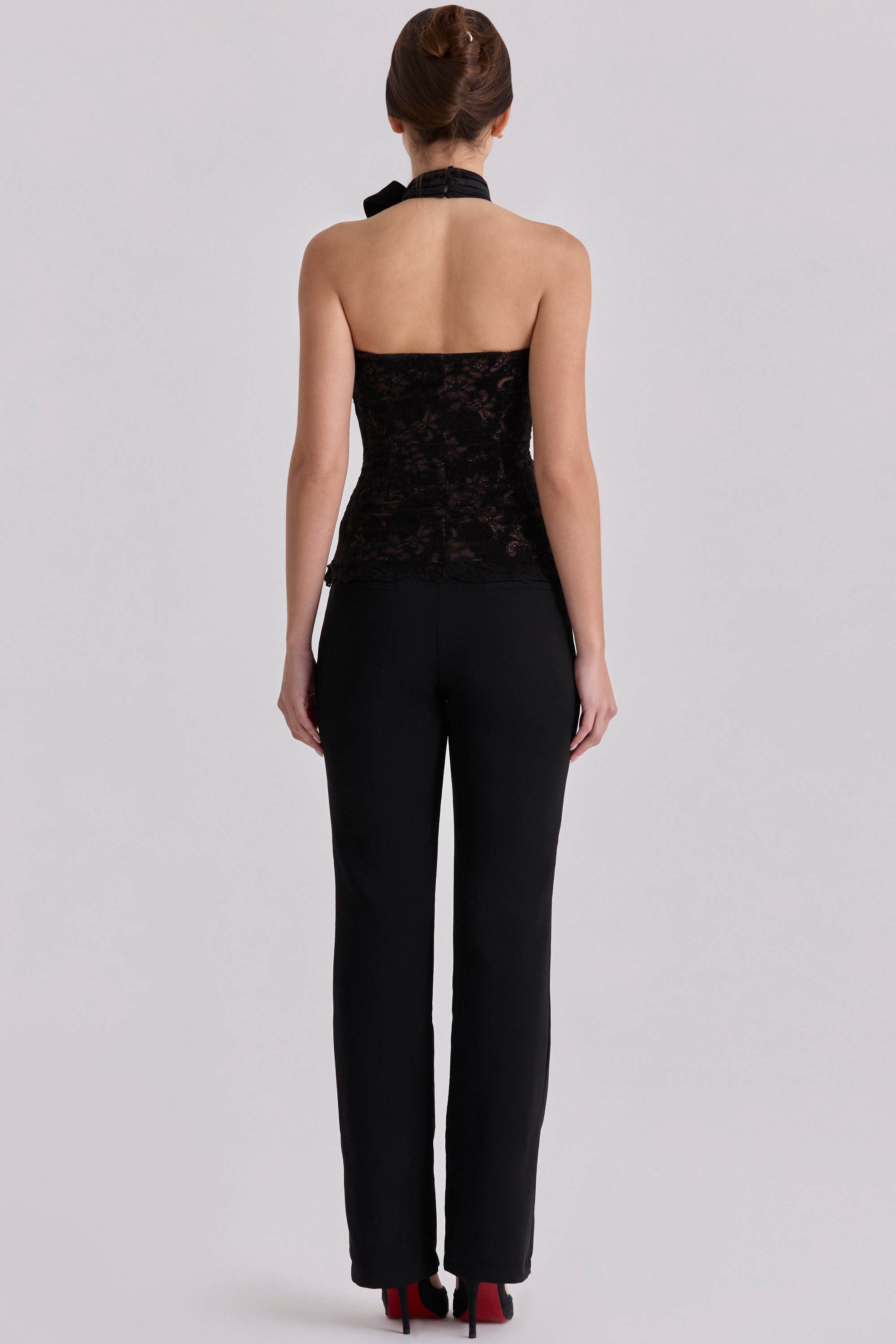 Black Lace High Neck Top With Detachable Bow