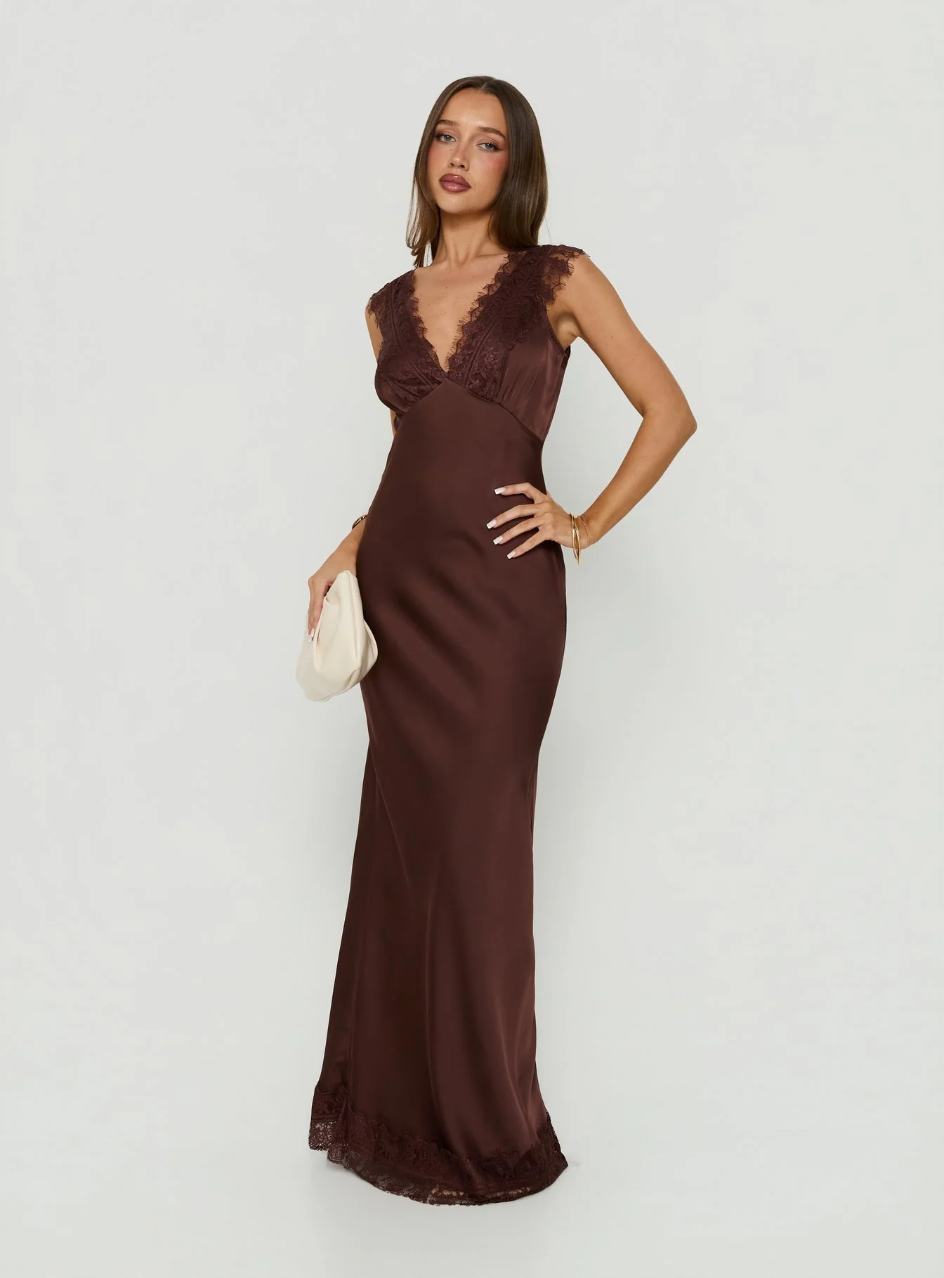 Kiinney Lace Trim Sleeveless Maxi Dress Brown