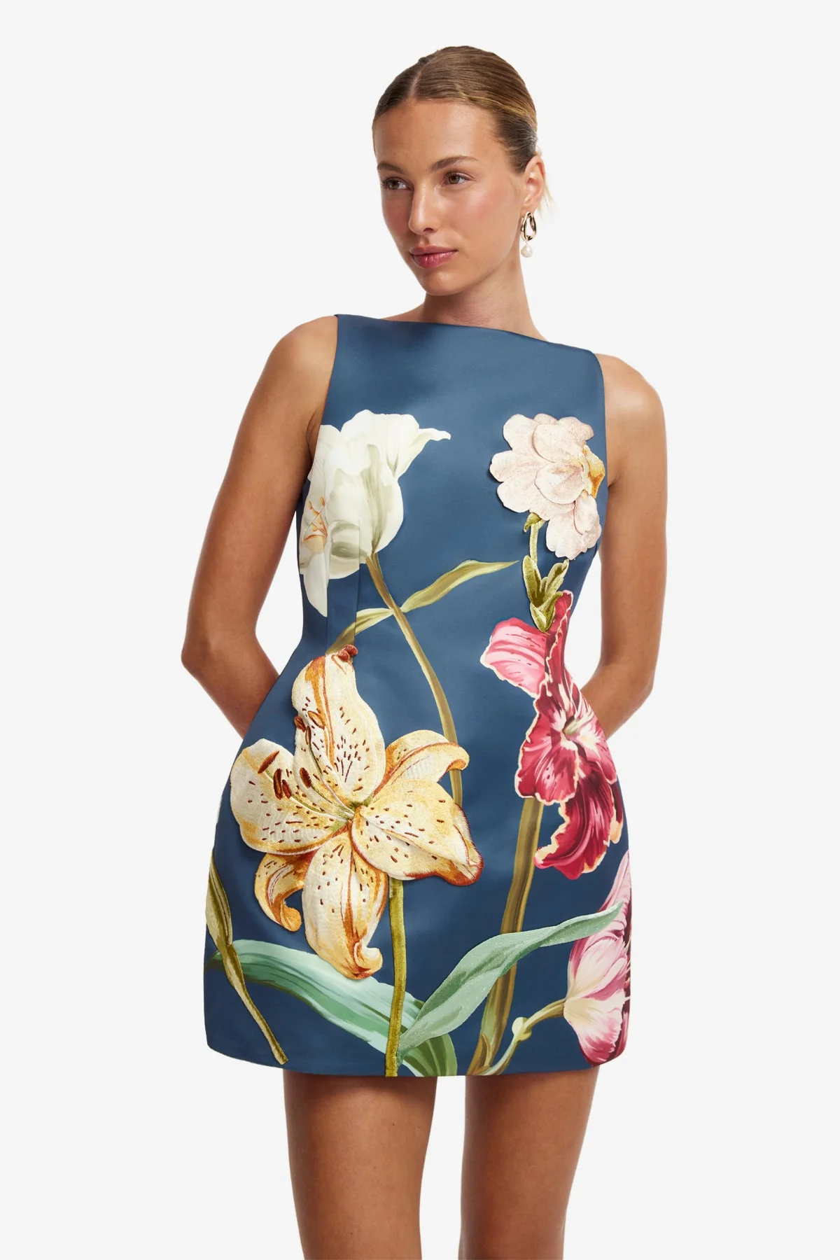 Ali Embroidered Mini Dress - Lily Print in Indigo