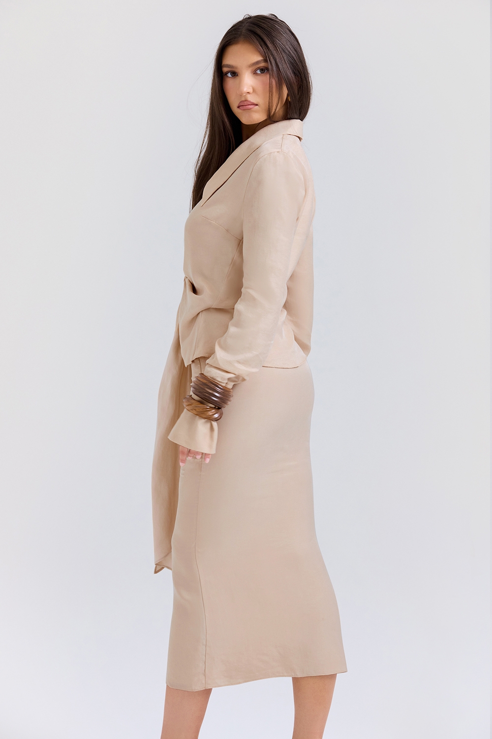 Almond Plunge Shirt Midi Dress