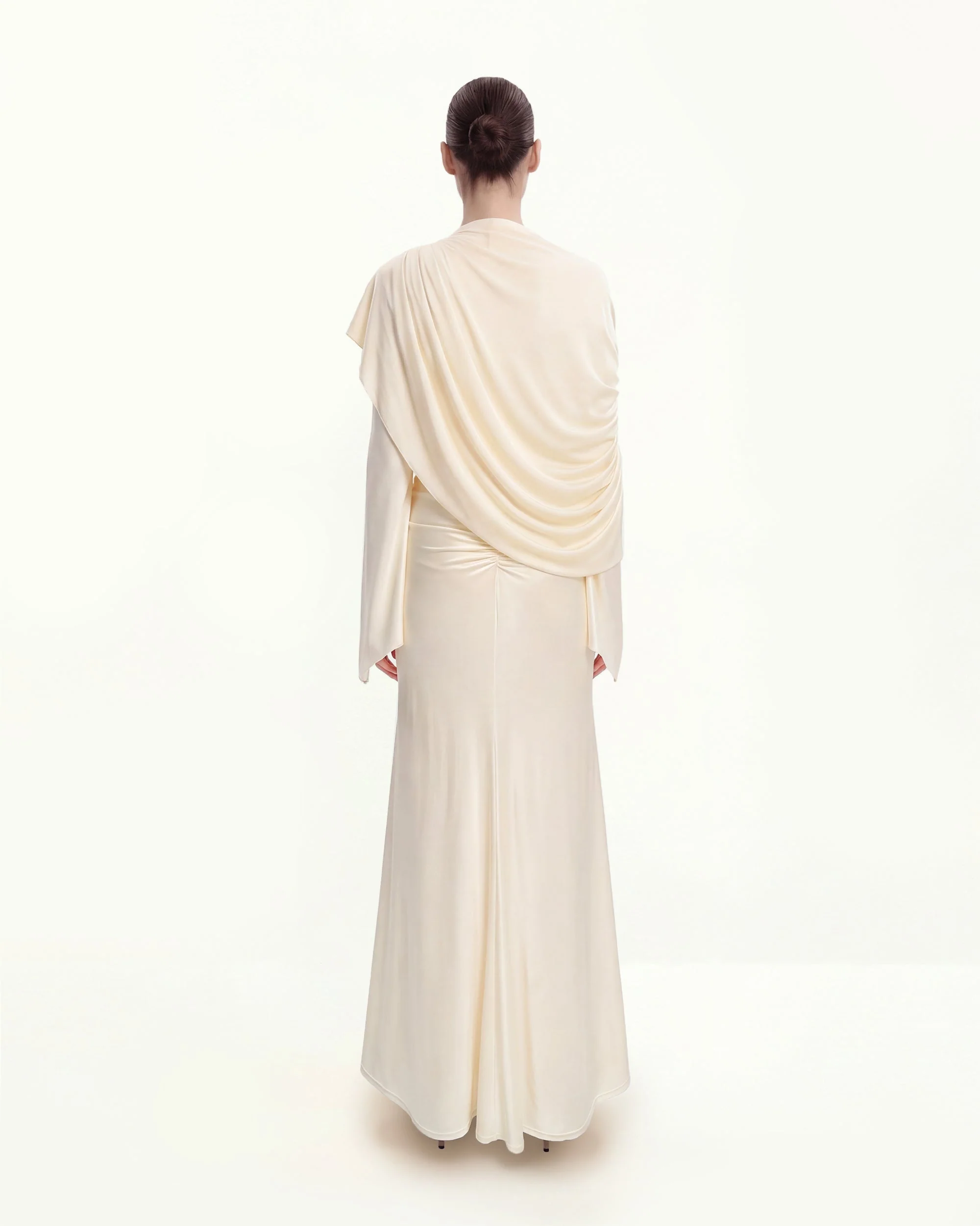 Sheer Shawl Ruched Bodycon Maxi Gown - Cream - FASHION NOB