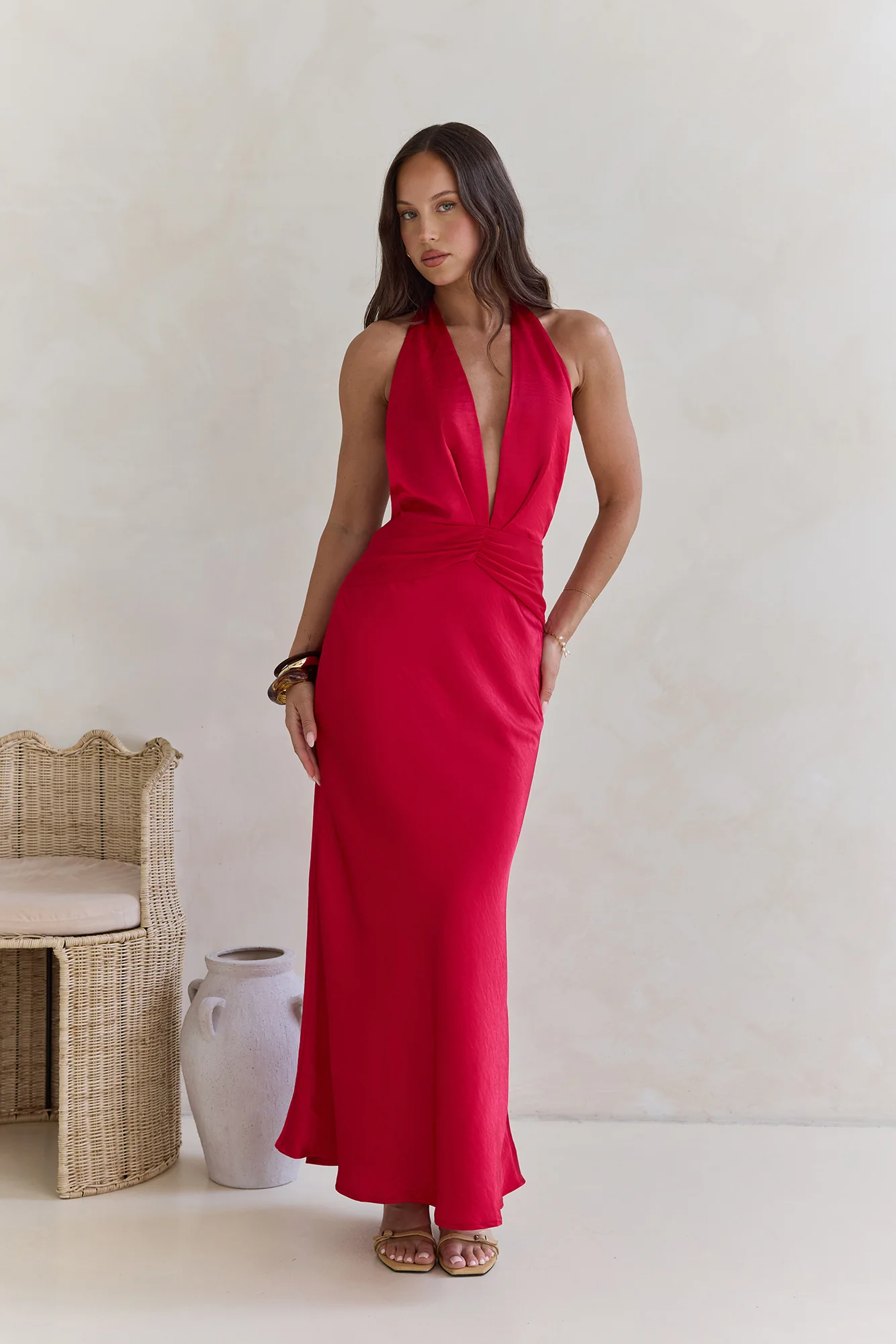 Got A Feeling Halter Satin Maxi Dress Red - luluinthesky