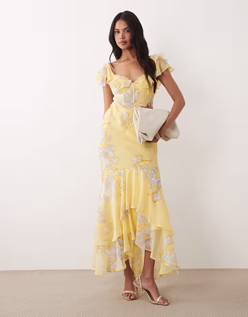 frill sleeve maxi dress with fishtail hem in yellow floral print