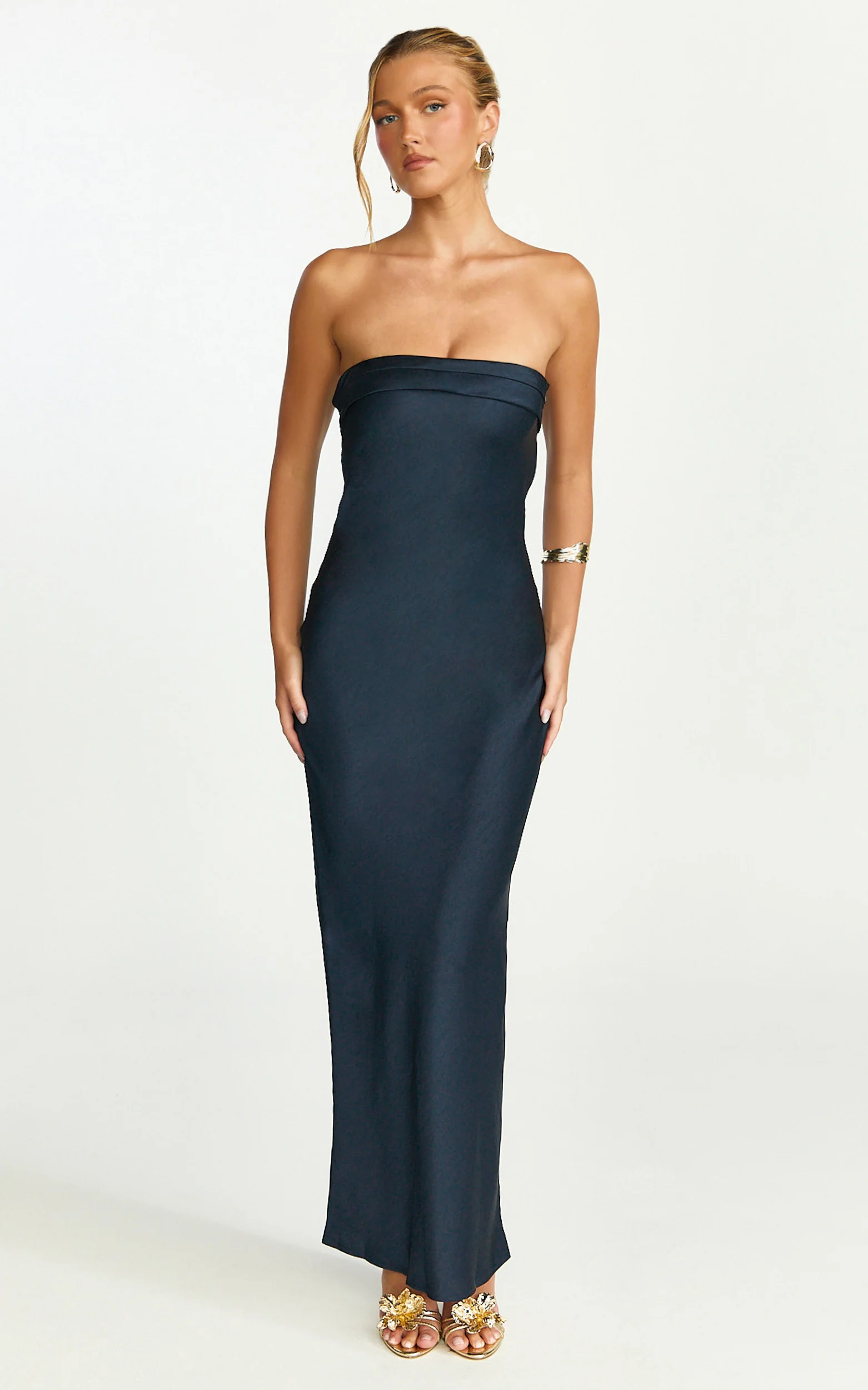 Zaya Midi Dress - Strapless Satin Slip Dress in Navy