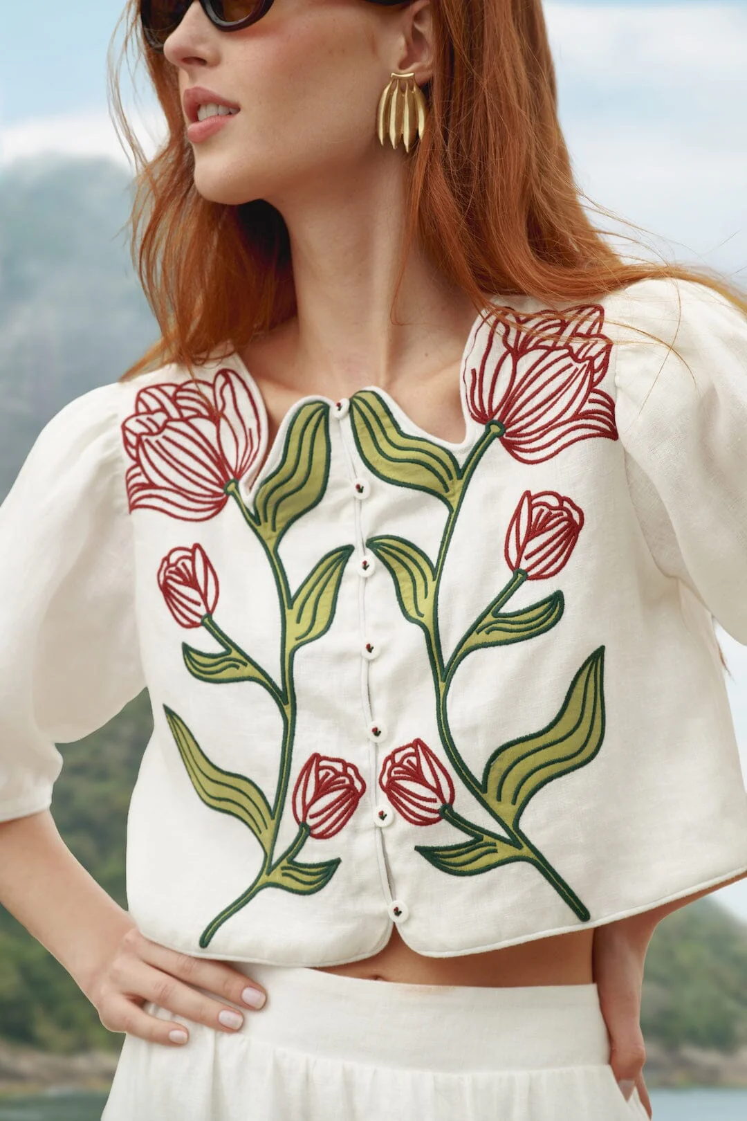 FARM Rio Off-White Flower Embroidered  Crop Top