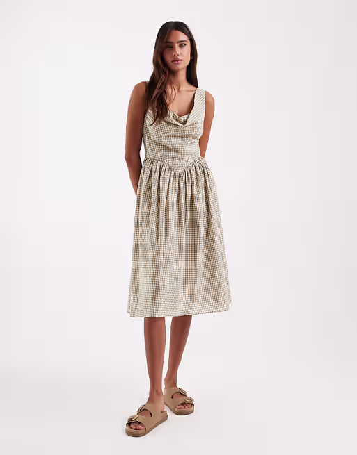 Daisy Street drop waist full skirt midi dress in white and green gingham