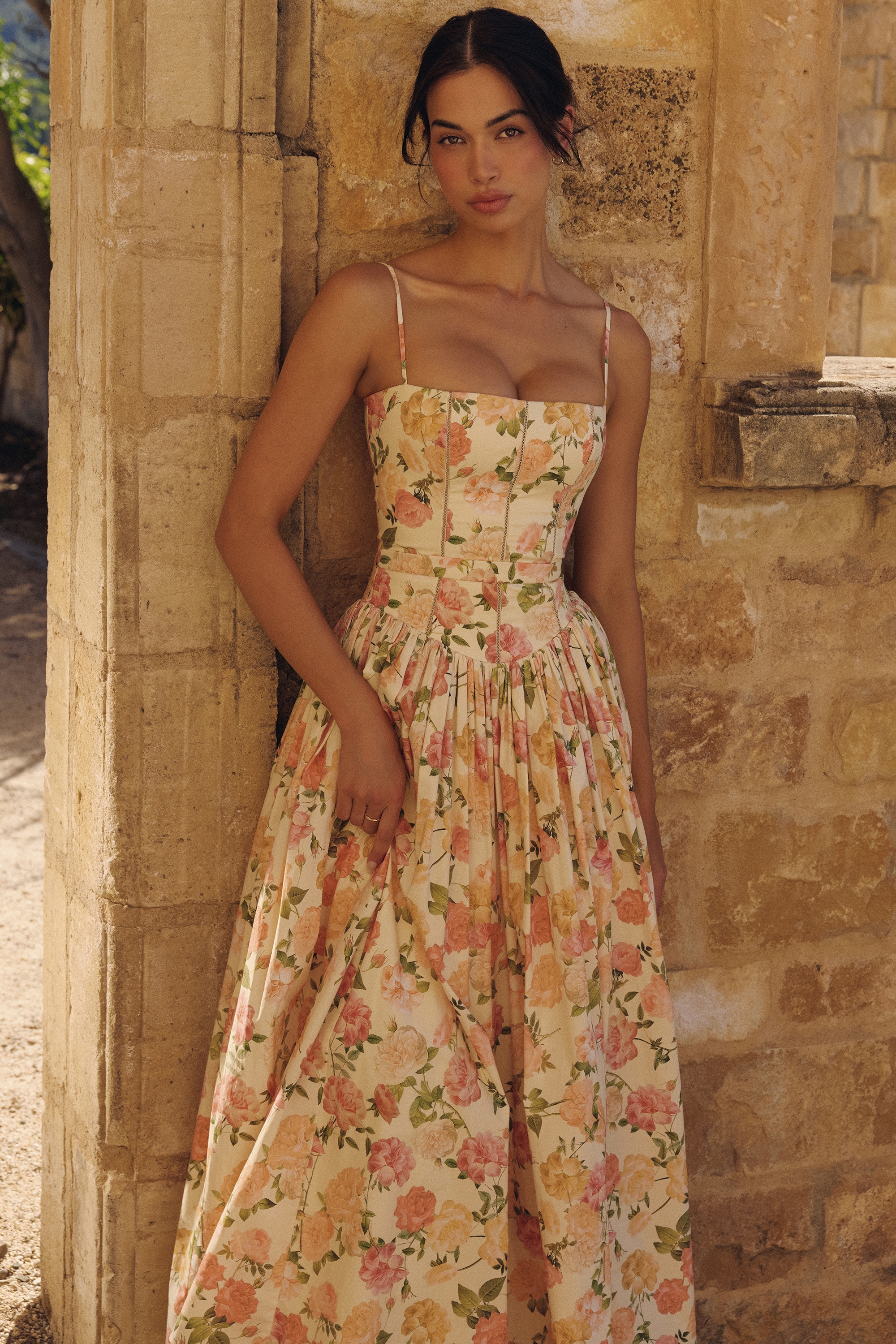 warm rose print cotton midi sundress