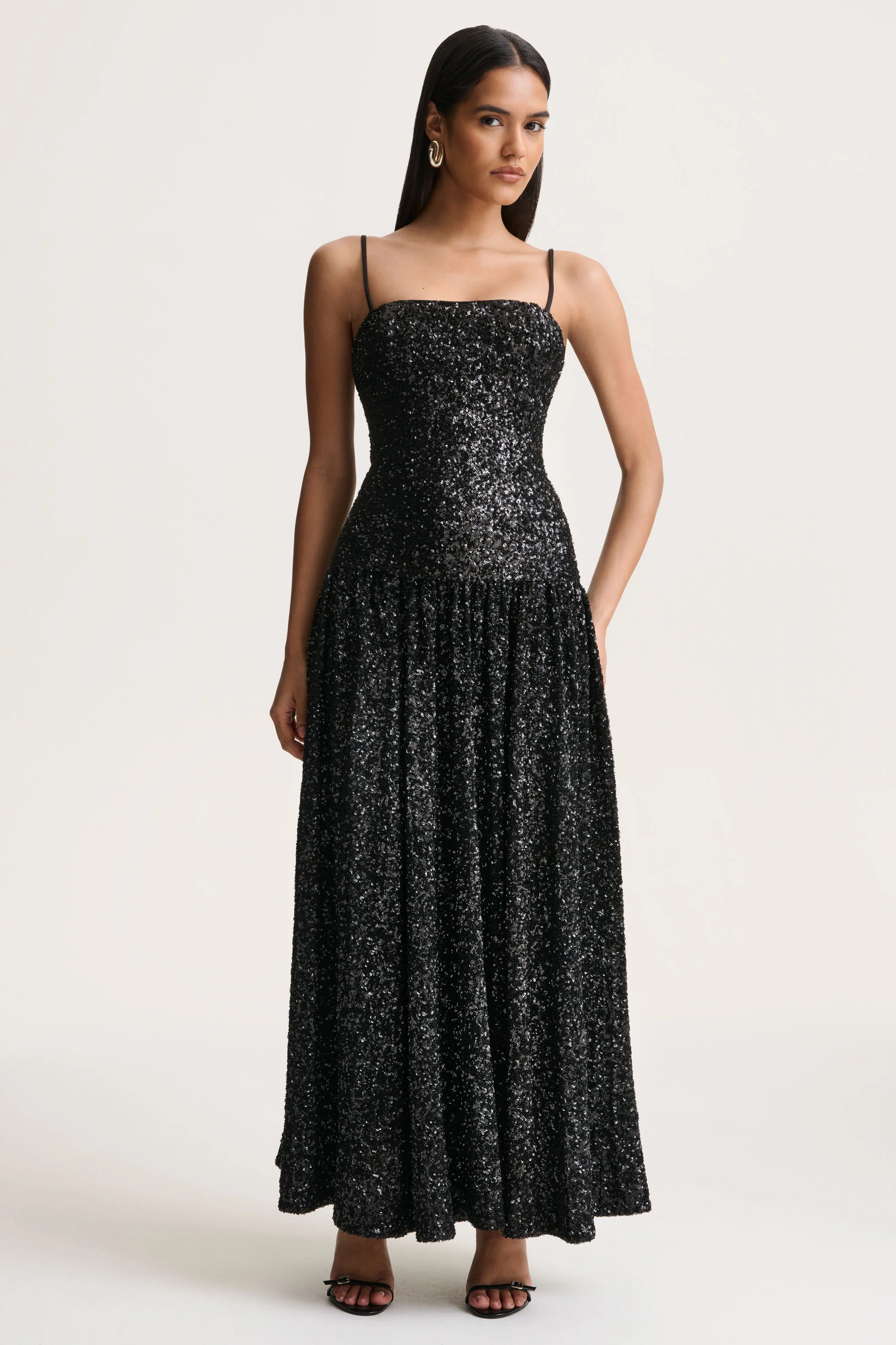 Allora | Black Sequin Square-Neck Maxi Dress With Pleated Skirt